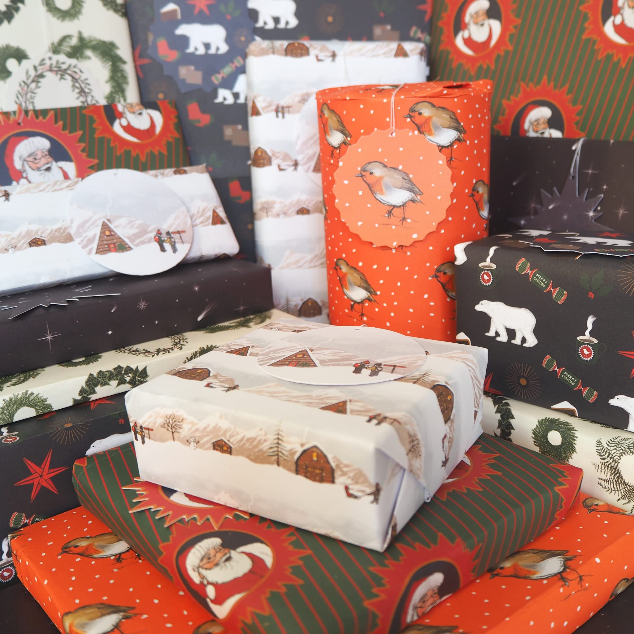 bright stemRecyclable Christmas Wrapping Paper Folded (6) Illustrated Mixed Sheets and Tags Recycled Made in the UK