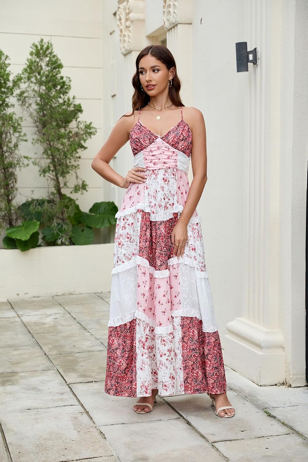 Women Floral Patchwork Maxi Dress V Neck Sleeveless Cross Back Spaghetti Strap Tiered Sundress Summer Long Dress - Image 2