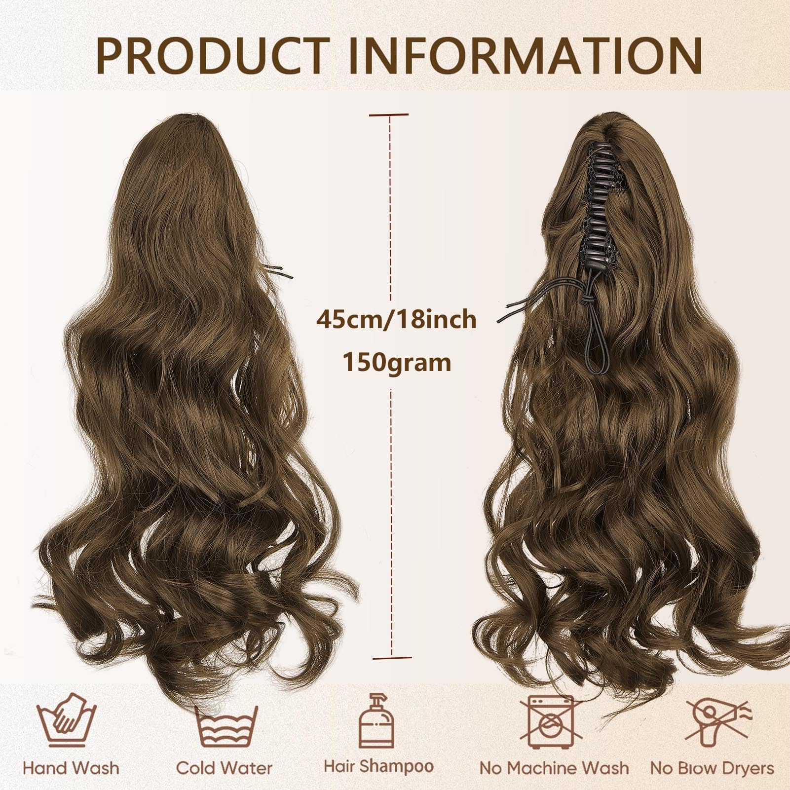 Cybelleza Ponytail Extension Curly Wavy Claw Jaw Pony Tail 18" One Piece Clip in Hair Extensions Ponytail Hairpiece Synthetic Long Natural for Women Chestnut - Image 4