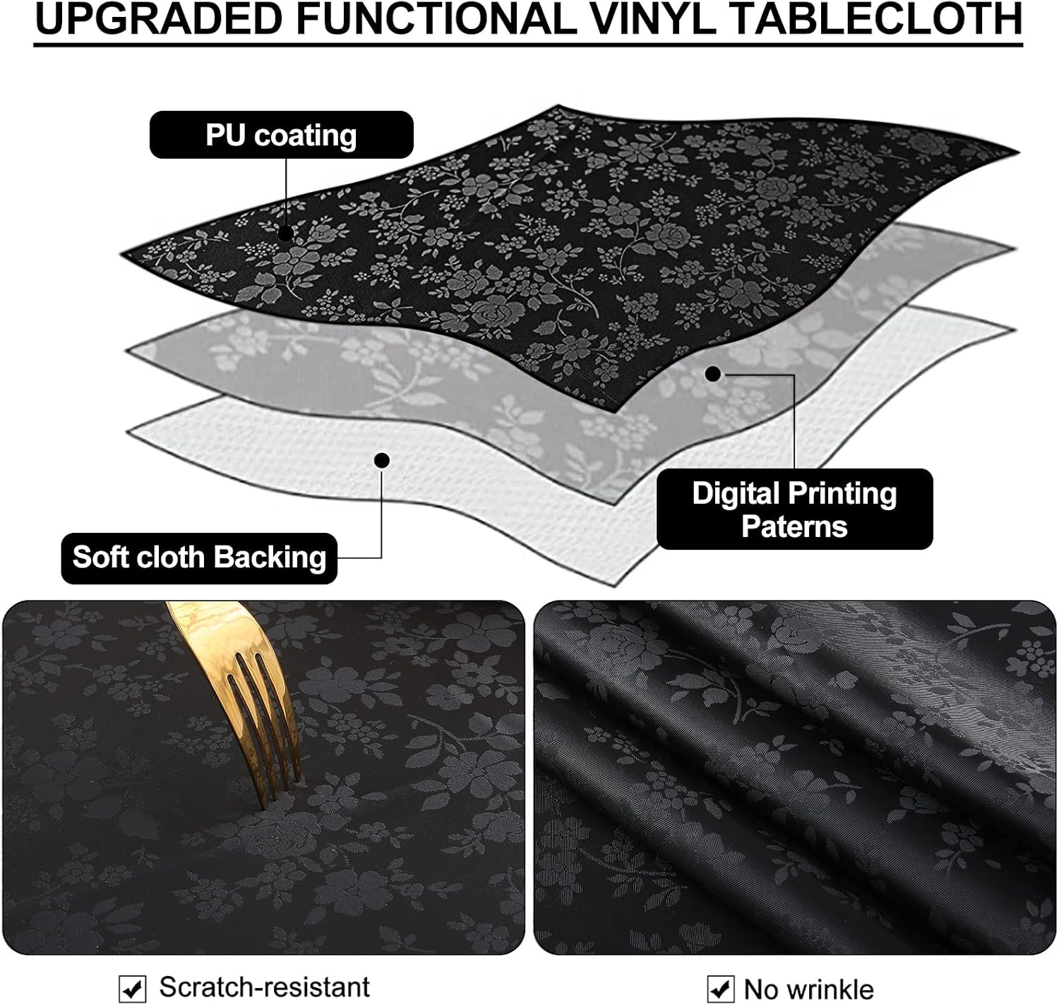 Smiry Waterproof Vinyl Rectangle Tablecloth Bundle Pack of 2, Black and White Table Cloth 60x84 Inch image 2