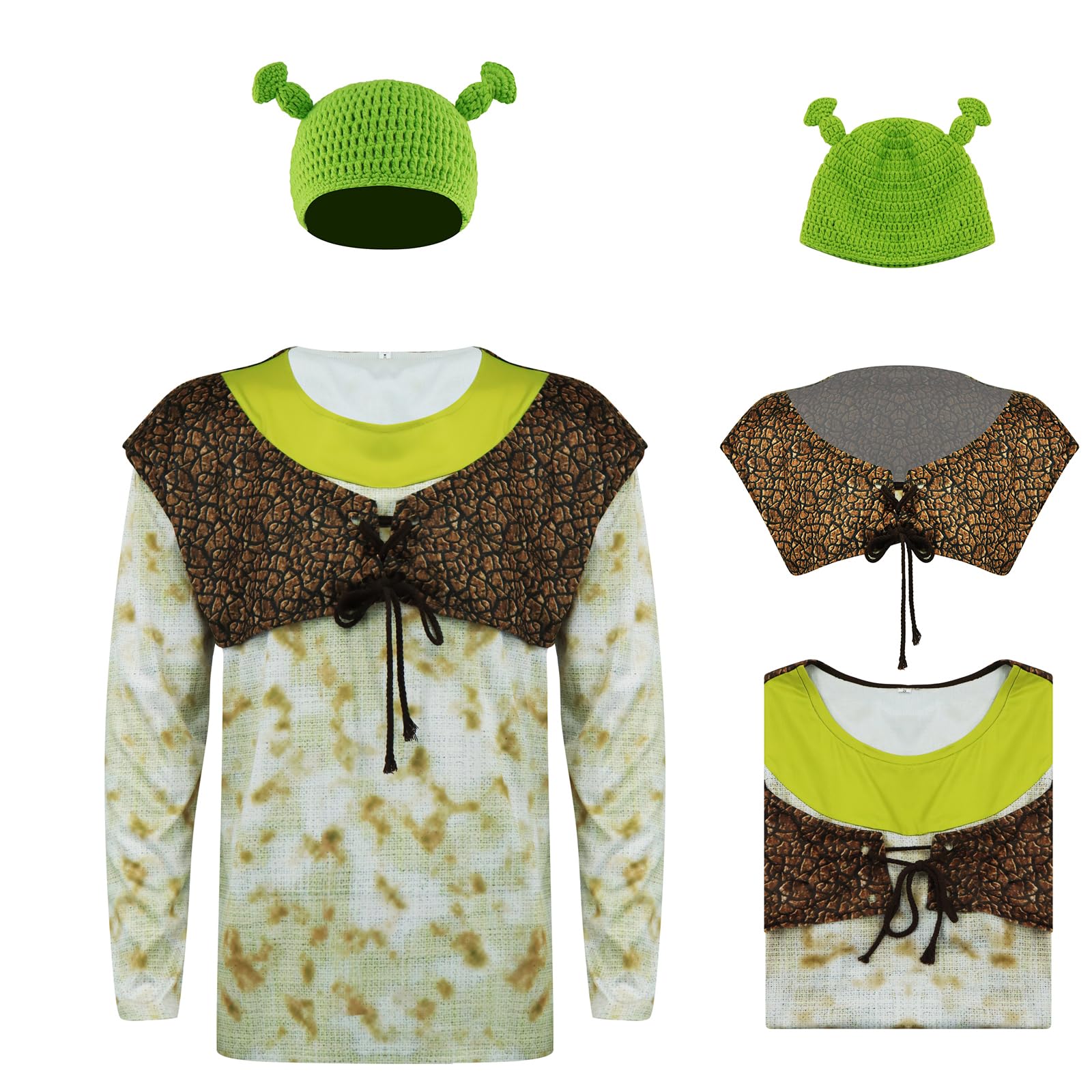 AYYOHON Green Ogre Costume Leather Vest Ears Hat Set Sublimated Halloween T Shirt Knitted Ears Beanie Adult Cosplay Outfits XS โ image 1