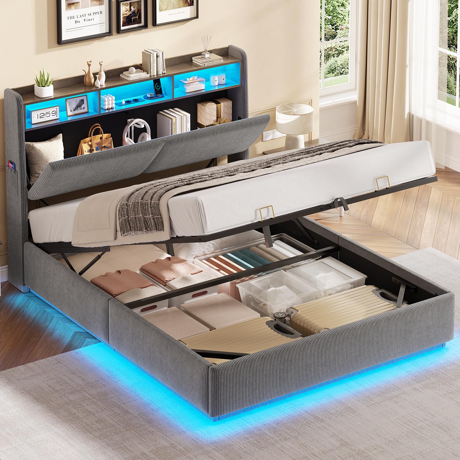 Hydraulisches Stauraumbett mit LED Beleuchtung und Steckdosen,Polsterbett mit Stauraum Kopfteil Jugendbett Betten mit HolzLattenrost & USB-Ladefunktion,Ohne Matratze (Dunkelgrau Cord, 140x200cm)