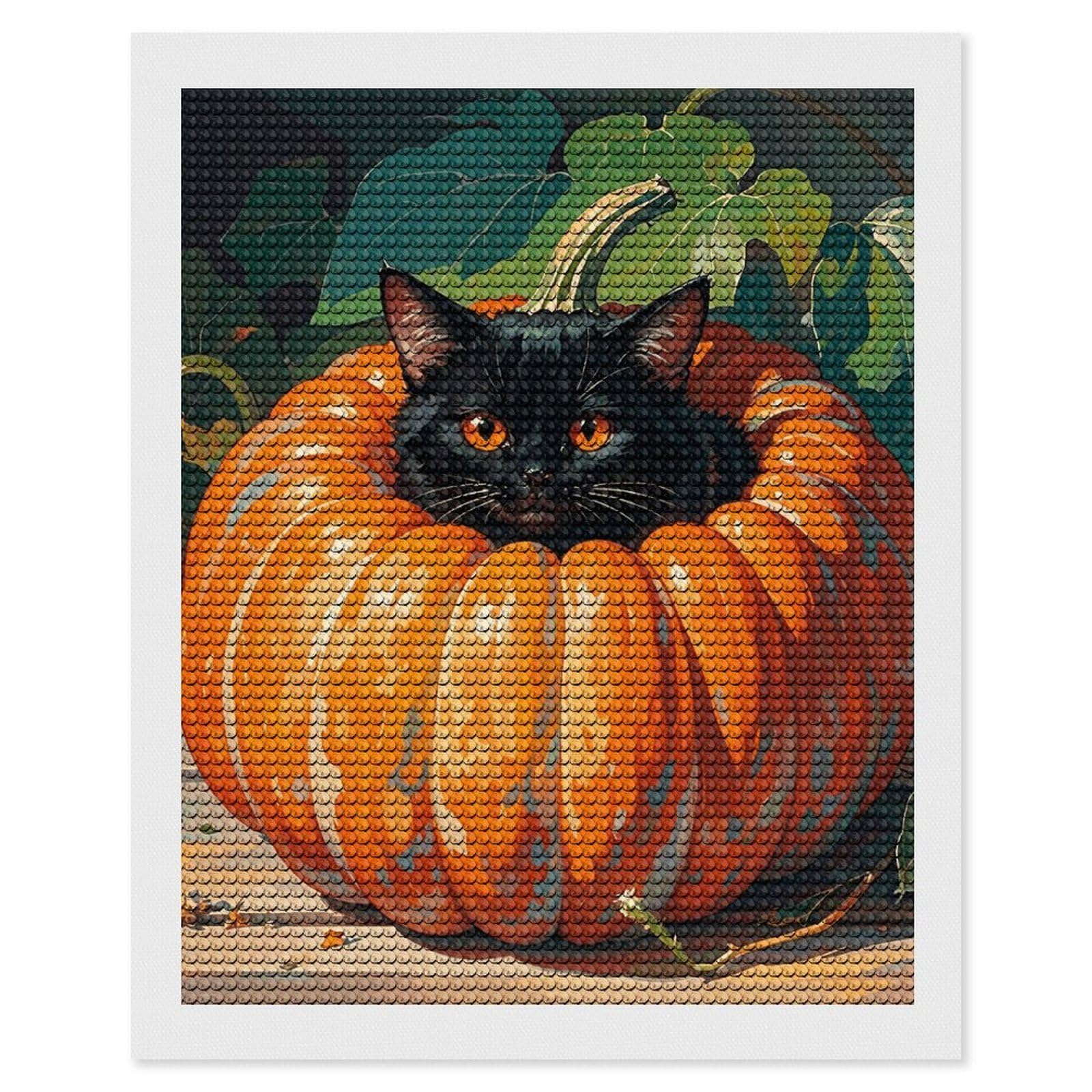 FodPand Retro Black Cat Pumpkin 5D Diamond Painting Kits for Adults Beginners Full Drill Round Diamond Dots Pictures Gem Art Supplies for Home Wall Room Decoration DIY Craft Set Gift 16x20