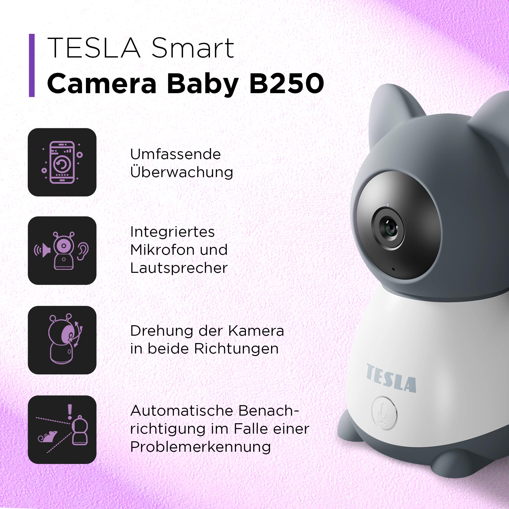 TESLA Smart Baby Camera B250, 2K 3MP, baby monitor con fotocamera e controllo app, rilevamento del movimento, visione notturna, audio bidirezionale, telecamera di sorveglianza WLAN interna