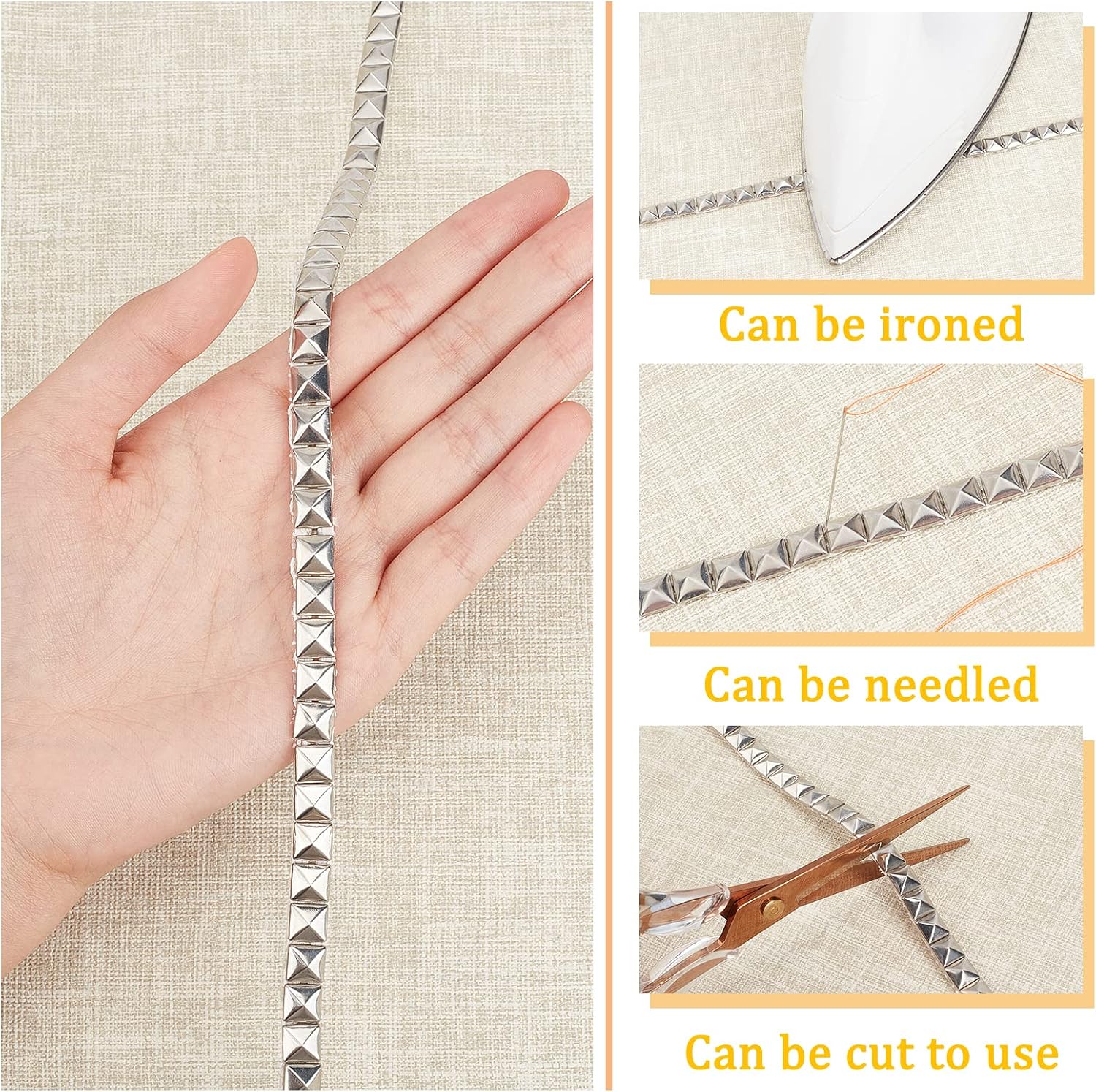 CHGCRAFT 2.5 Yards Hot Fix Pyramid Nailhead Trim 304 Stainless Steel Silver Iron-on Convex Pyramid Nailhead Trim with PU Leather Base for Decoration
