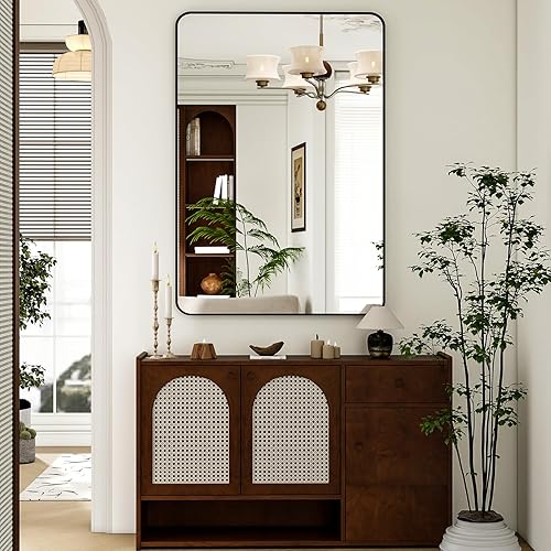 Vista 15 de Espejo de baño dorado de 30 x 22 pulgadas para pared, marco de aleación de aluminio, espejo rectangular montado en la pared para decoración