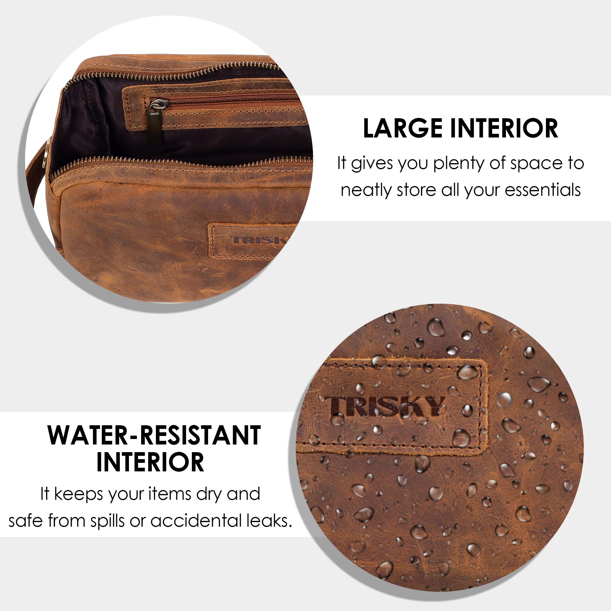 TRISKY Neceser de piel de búfalo para hombres y mujeres, Marrón, M, Neceser