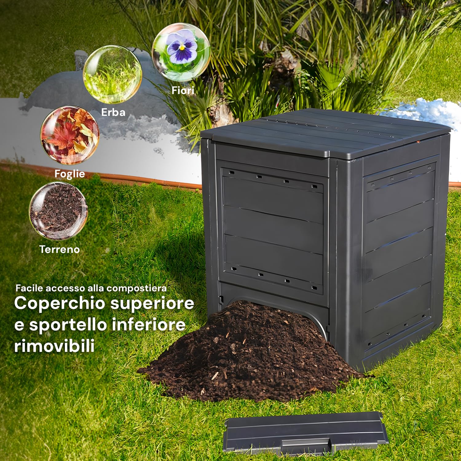Avilia Compostiera da Giardino 260L - Contenitore per Compostaggio con Accesso Frontale, in Polipropilene, Design Compatto 60x60x73cm, Ideale per Balcone - Terrazzo - Giardino Antracite, Made in Italy