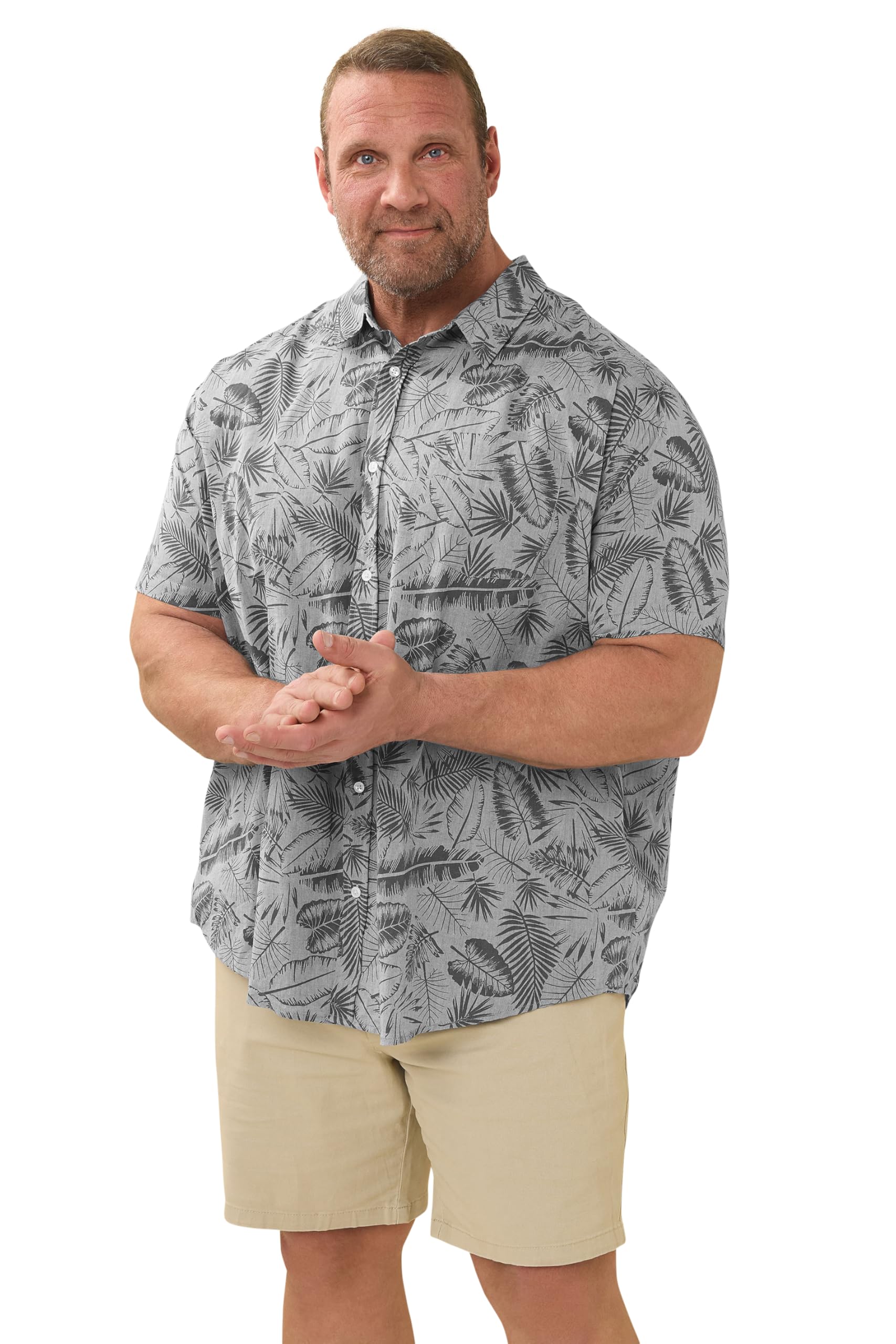 BadRhino Big & Tall Chambray Tonal Leaf Print Shirt - Men's - Plus Size Curve Grey