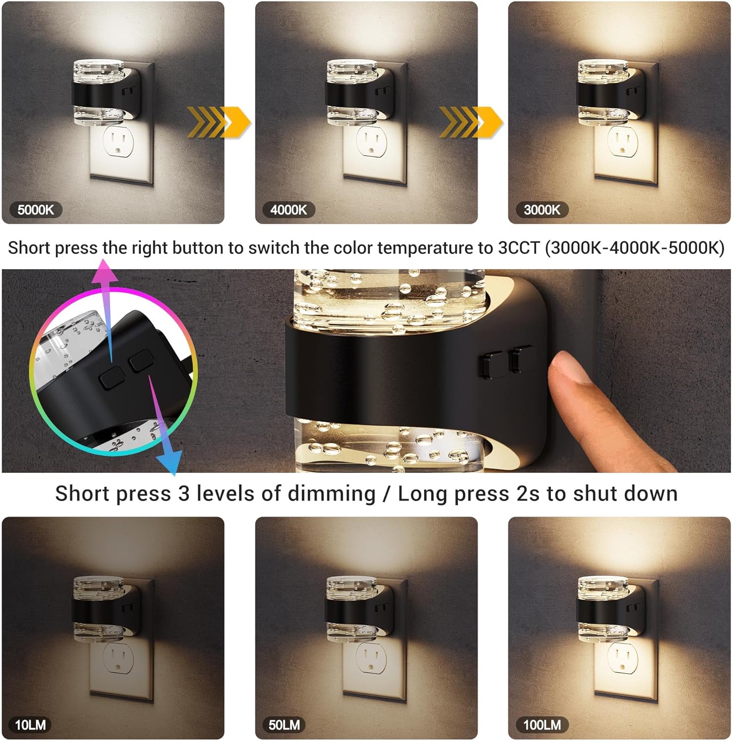 JandCase LED Night Light, Bubble Night Lights Plug into Wall, [2 Pack]Night Light 3000K/4000K/5000K & 3 Brightness Levels, Dimmable Nightlight with Dusk to Dawn Sensor for Bathroom Hallway Bedroom - Image 2