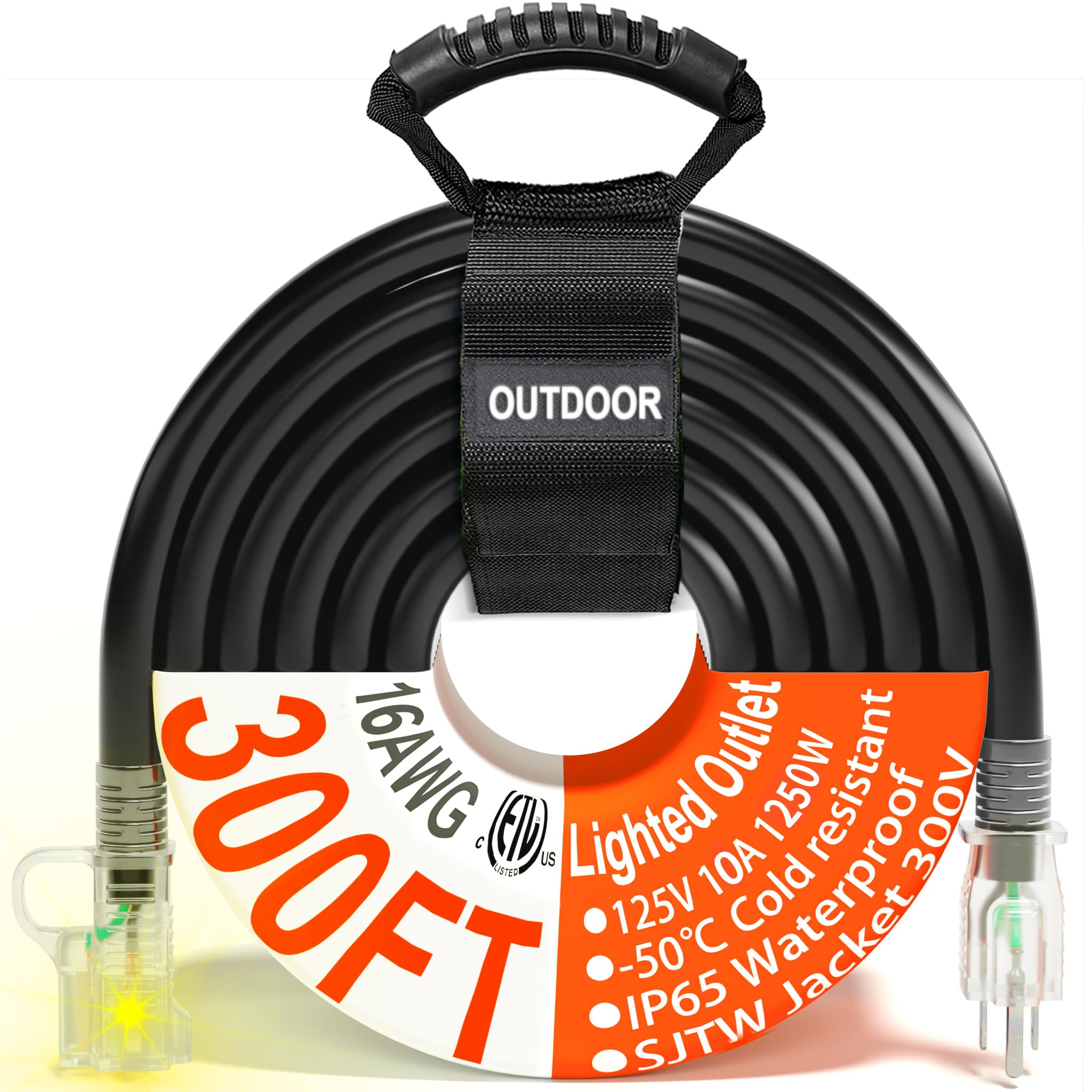 HUANCHAIN Outdoor-Verlängerungskabel 14/3 Gauge, 7,6m, Wasserdicht (IP65), Kältebeständig Bis -50°C, Mit Kontrolllicht – 15A, 1875W, Gelb Für Gute Sichtbarkeit