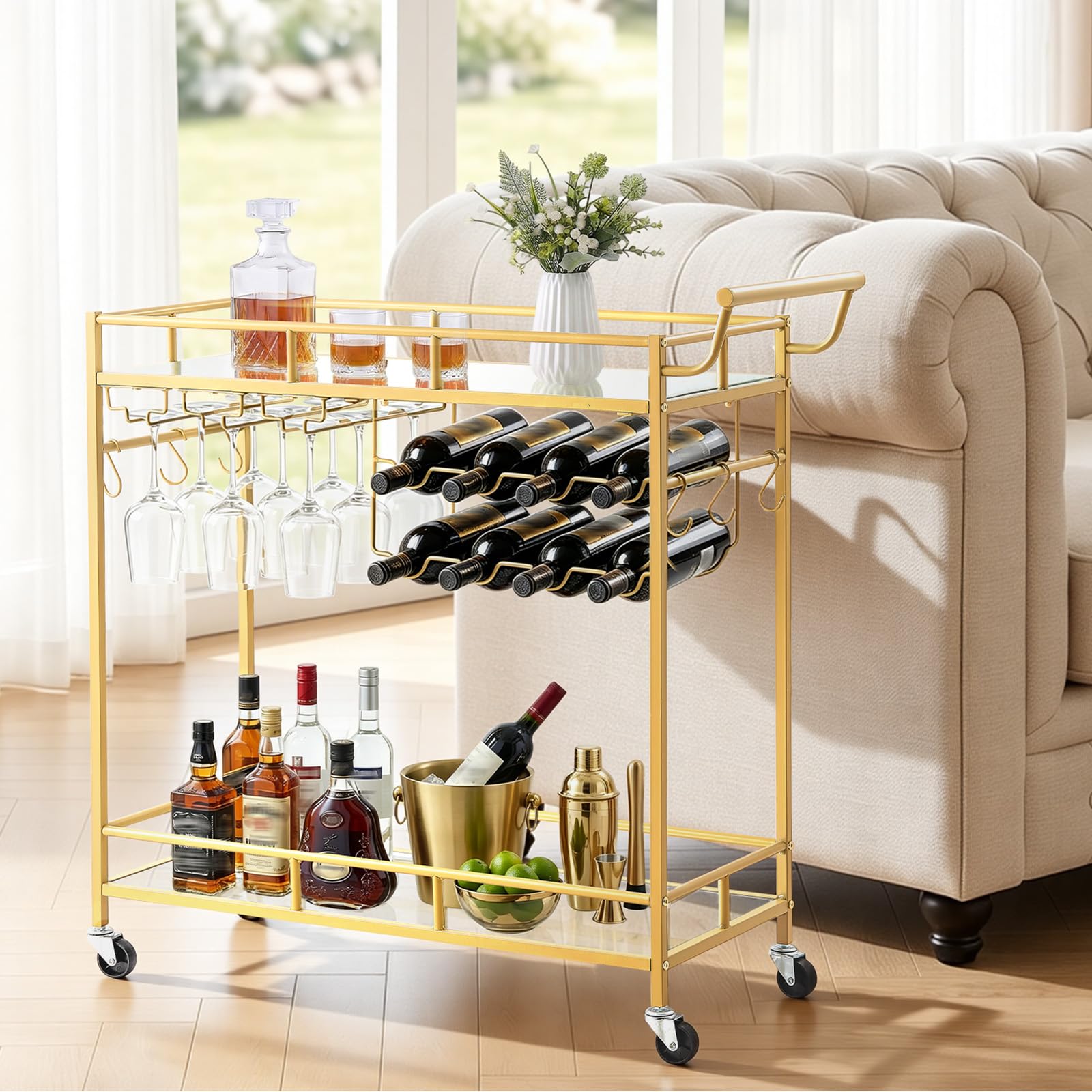 VEVOR Carro de Bebidas con Botellero de 2 Niveles, Carrito de Servicio con Ruedas y Asa, Estantes de Vidrio Espejado, Soporte para Copas, para Sala de Estar, Comedor, Cocina, 88x35x89 cm, Dorado