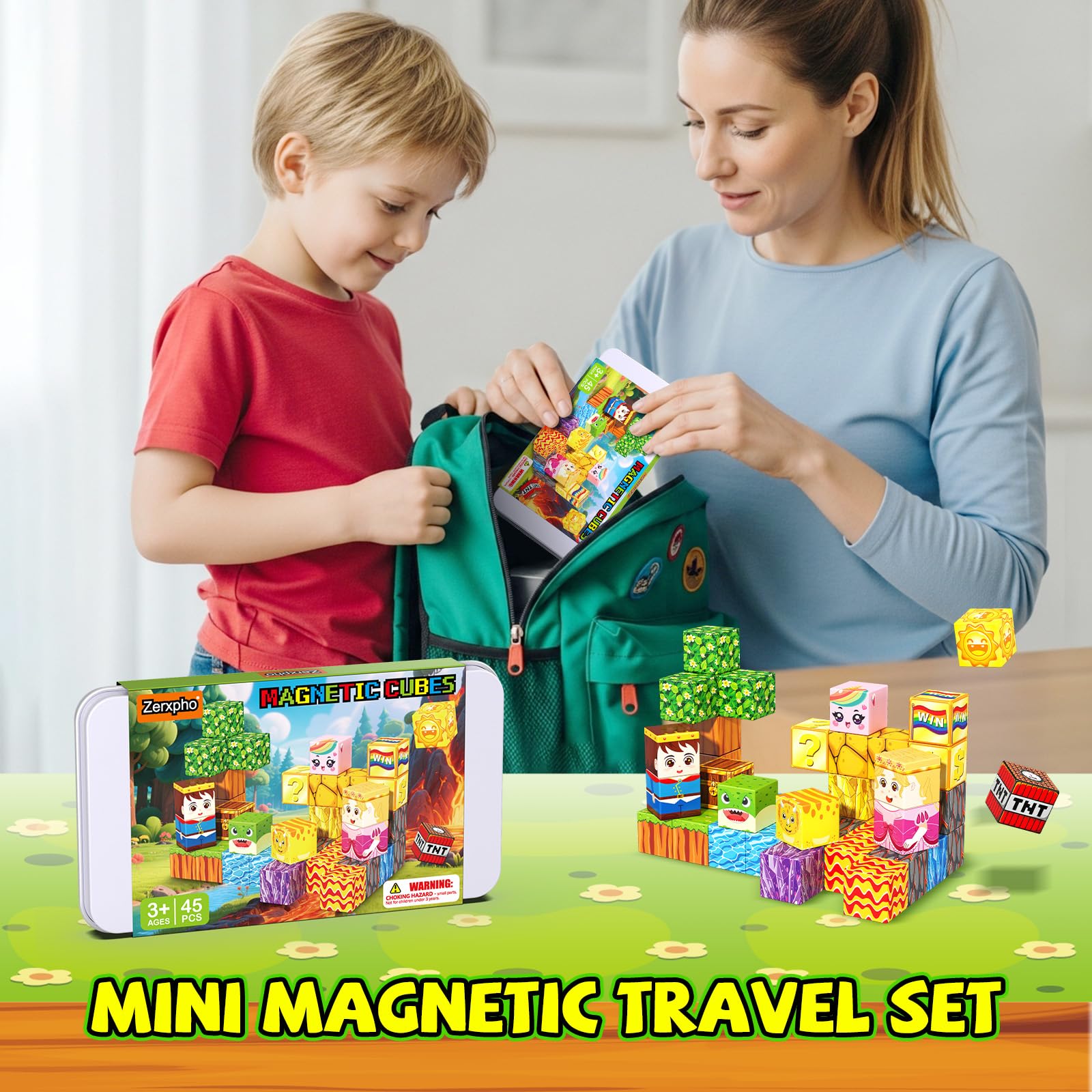 Magnetische Bausteine, Mini-Magnetbausteine, Konstruktionsspielzeug mit Reiseetui, 45 Stück, STEM pädagogische Bausteine für Kinder ab 3 Jahren, sensorisches Spielzeug