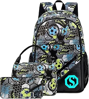 CAMTOP School Backpack Kids Boys Soccer Bookbag Set Student Backpack with Lunch Box and Pencil Case (Football,Graffiti Print)