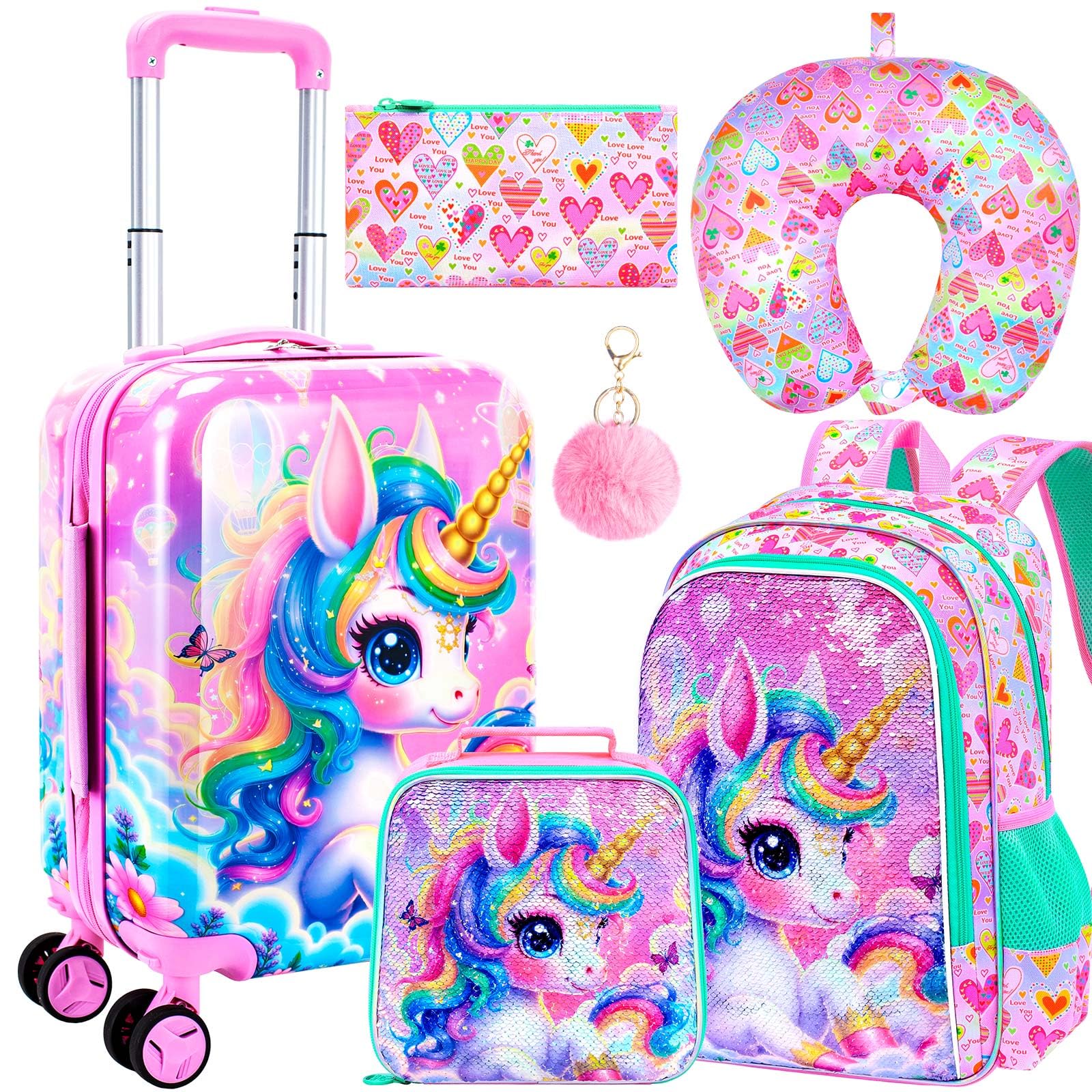 5PC Luggage for Girls, Kids Unicorn Suitcase, 16" Carry-On for Travel