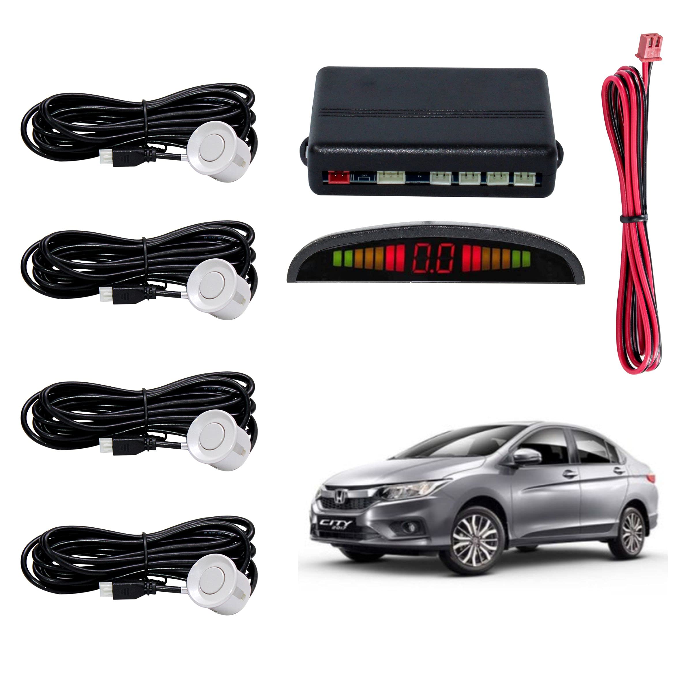 Car Reverse Parking Sensor with LED Display 4 Sensor Reverse Parking Auto Radar Detectors For Honda City 2018 (White)