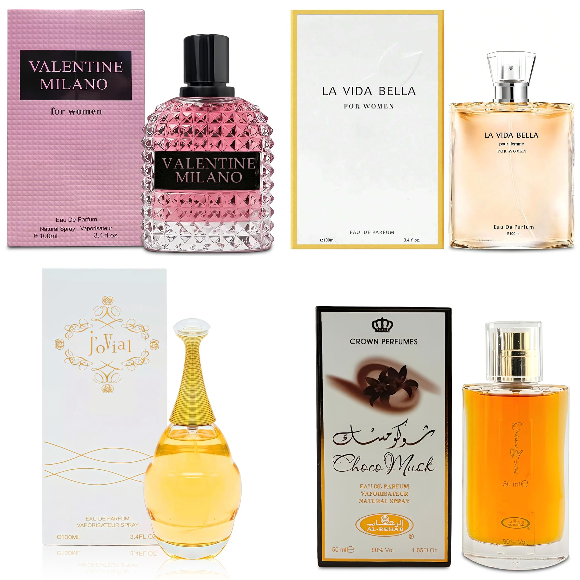 AFLUXE Top Sales 4 Piece Women Perfume Set Choco Musk/Valentine Milano/La Vida Bella/J'ovial Eau de Parfum Spray Women's Fragrance Sets with Luxury