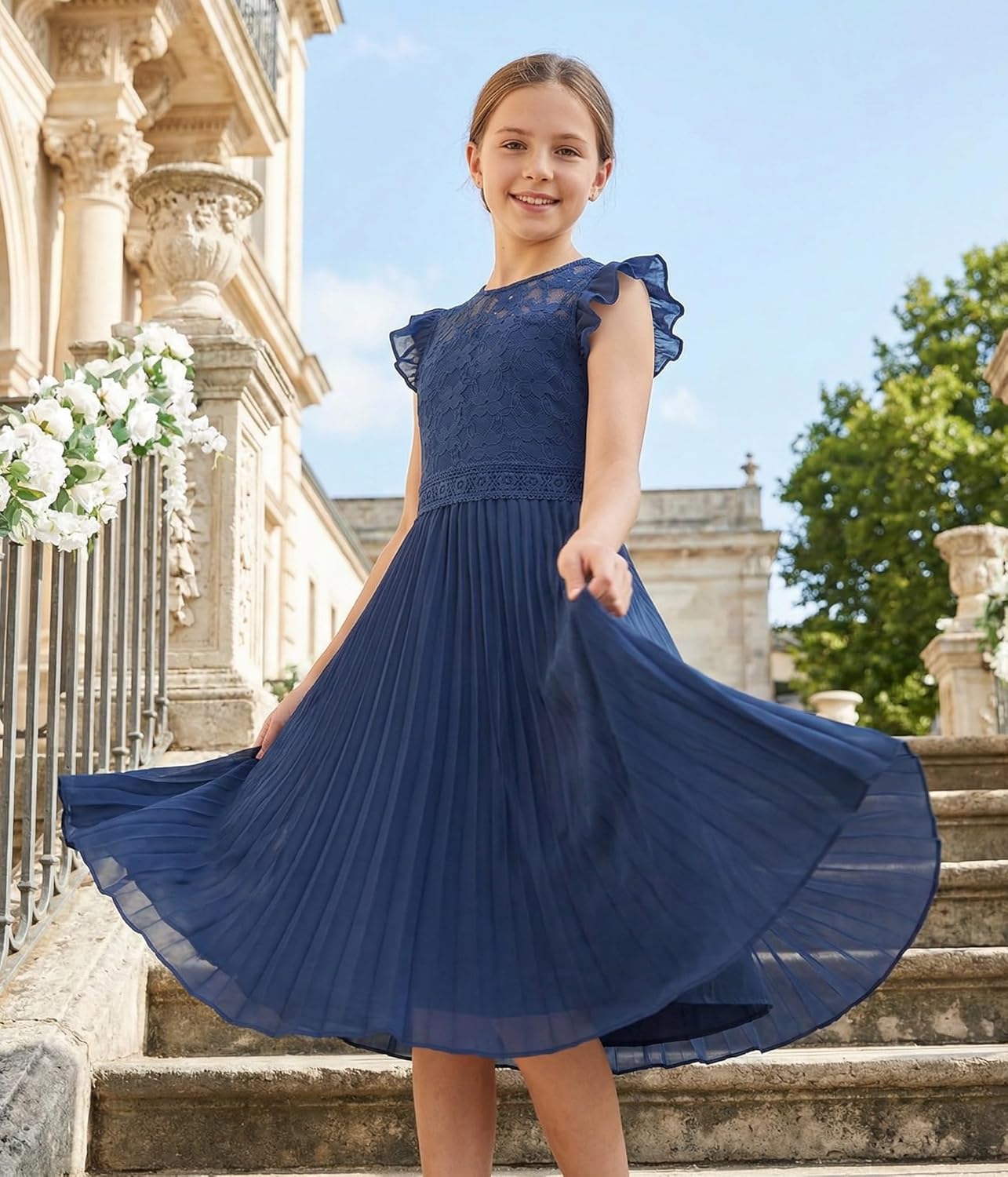 GRACE KARIN Teen Girls Wedding Guest Dresses Junior Bridesmaid Party Graduation Lace Pleated Flower Girl Dress Size 7-14 - Image 2