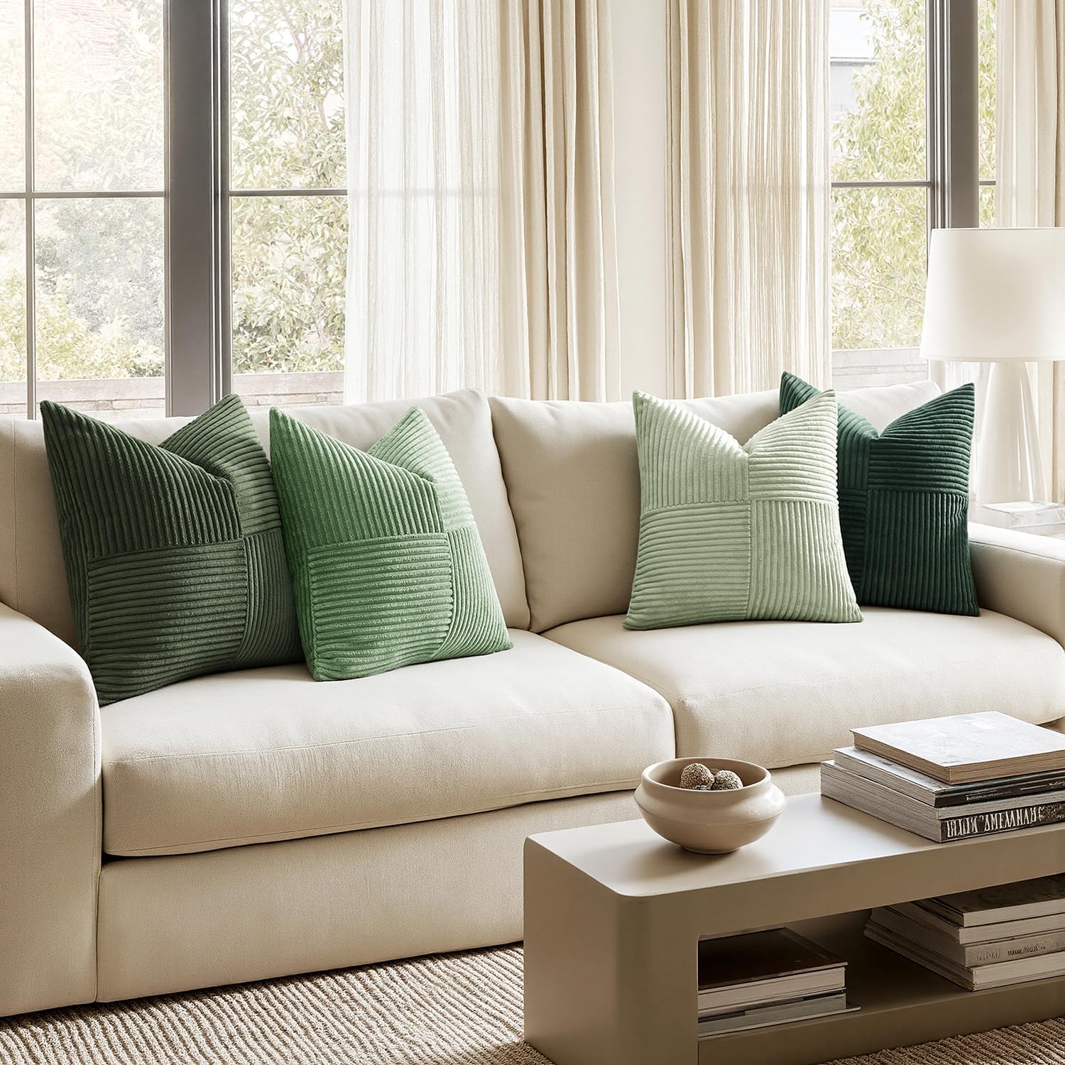 ANRODUO Pack of 4 Decorative Throw Pillows for Couch Forest Green 24x24 Inch Boho Cozy Soft Corduroy Cushion Covers Farmhouse Accent Pillowcases for Mid Century Modern Spring Home Decor Living Room