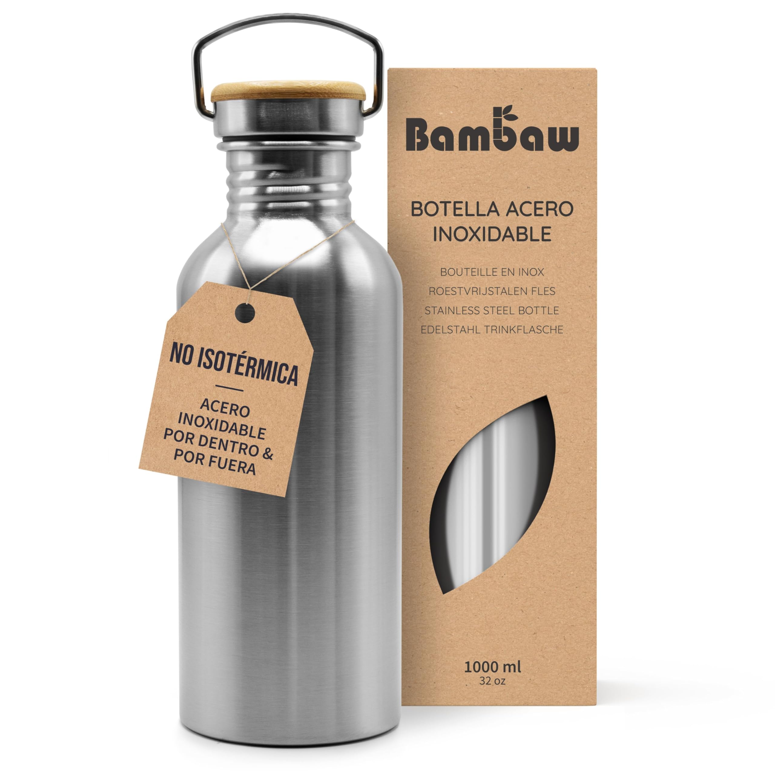 Bambaw Botella de Agua de Acero Inoxidable No Térmica, Reutilizable, Mantiene la Temperatura, Botella de 1L