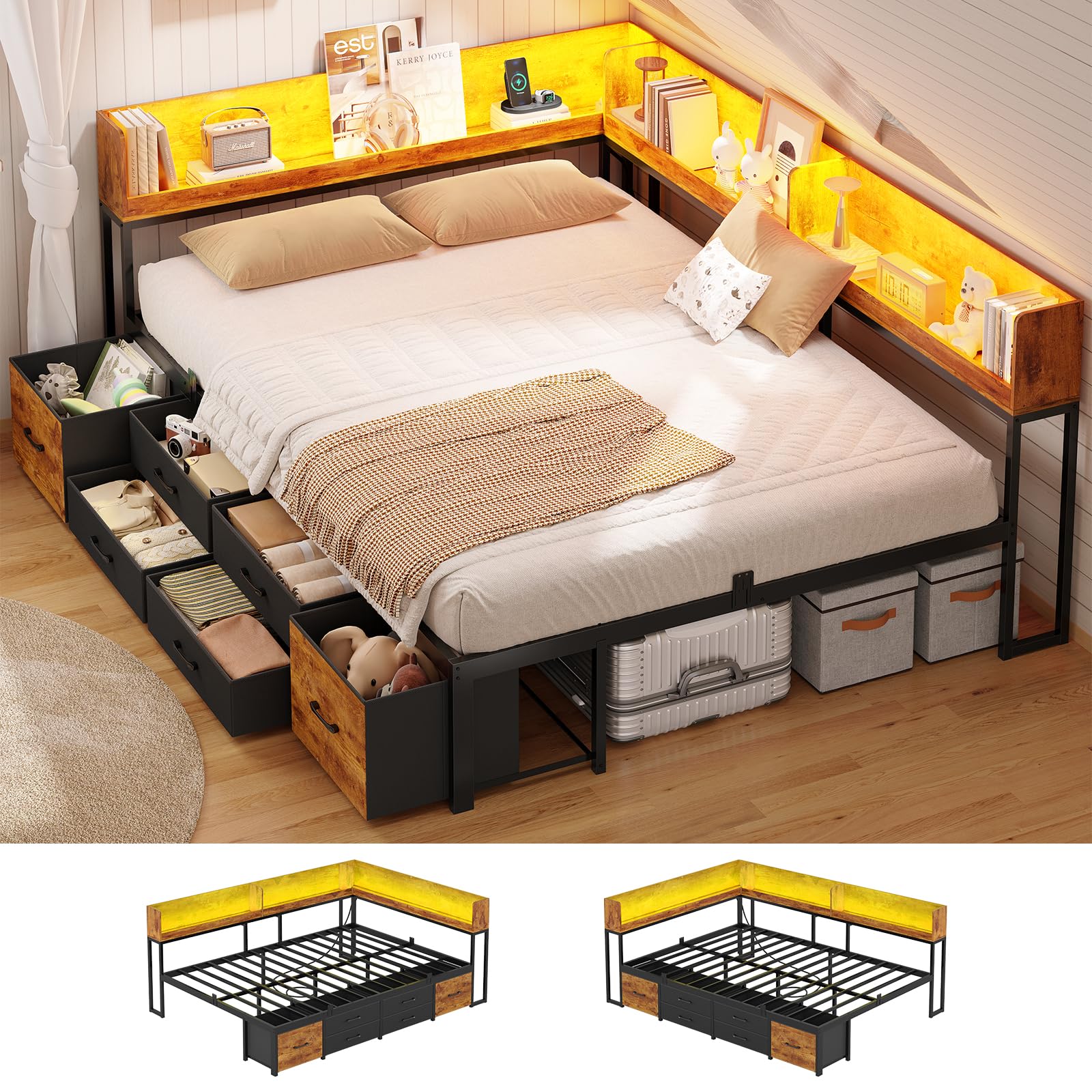 AOGLLATI Canapé Lit avec Dossier Réversible, Éclairage LED et Multiprise, Lit 140x190 avec Sommier en Métal, 3 Niches Ouvertes et 4 Tiroirs sous Sommier 140x190, Canapé Convertible Marron Vintage