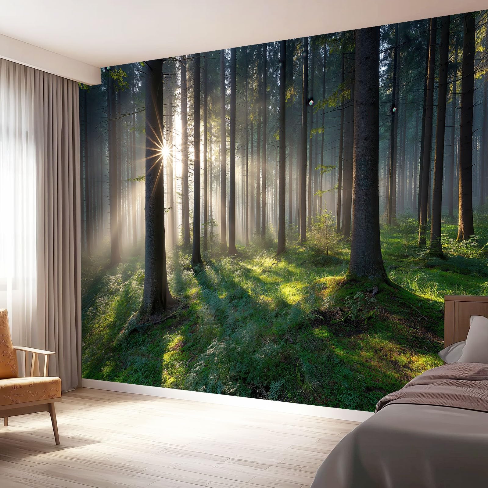 Panoramiczna tapeta natura dżungla pień drzewa mgiełka światło słoneczne łąka polar nowoczesna dekoracja ścienna salon sypialnia sypialnia biuro jadalnia, 250 x 175 cm
