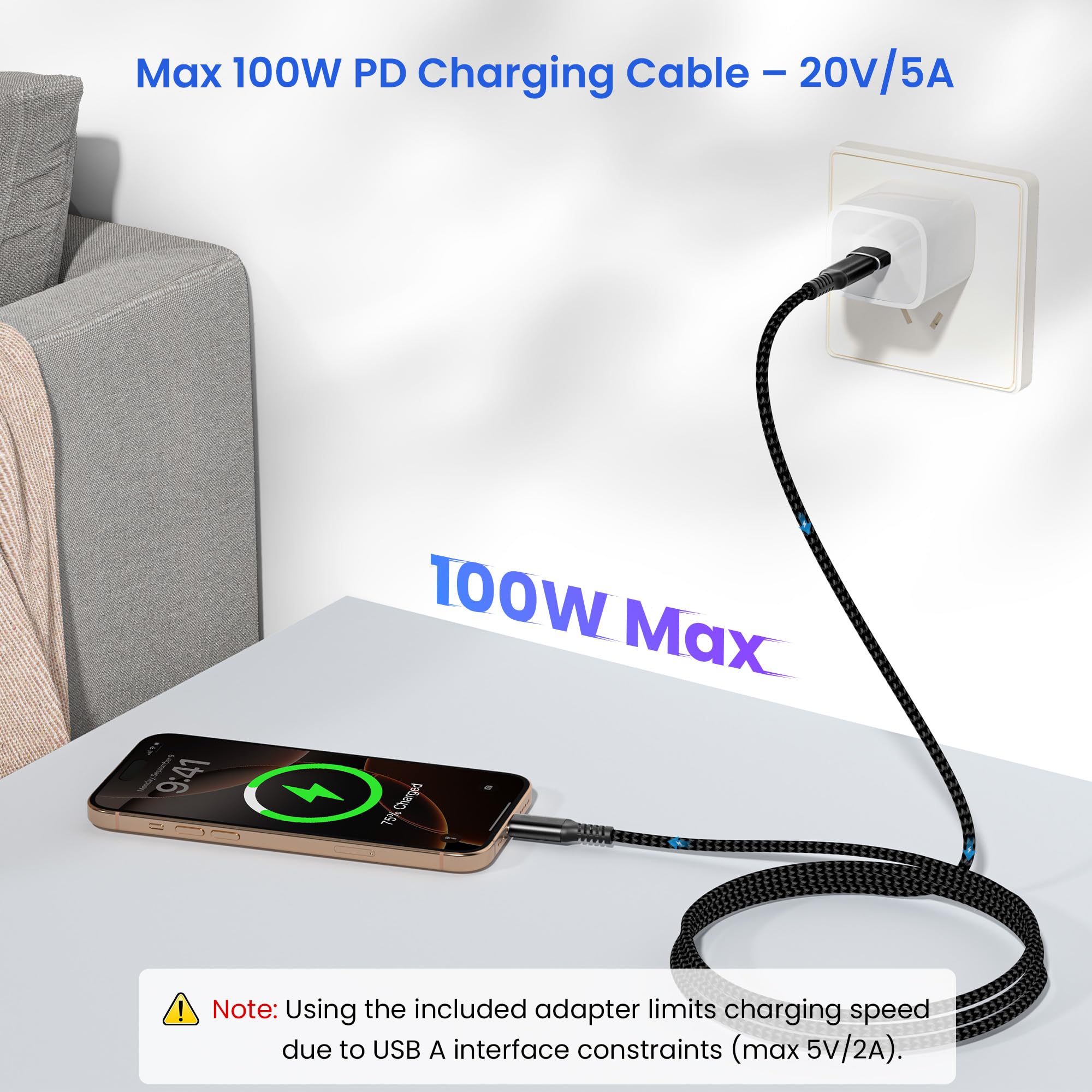 Elebase Cavo USB Tipo C a C 100W 1M con Adattatore USB,Cable Filo Caricatore Ricarica Rapida PD Angolo Retto per MacBook,iPad Pro Air 4 5 Mini 6,iPhone 17 16 15,Samsung Galaxy Z Flip Fold 7,A56 S25