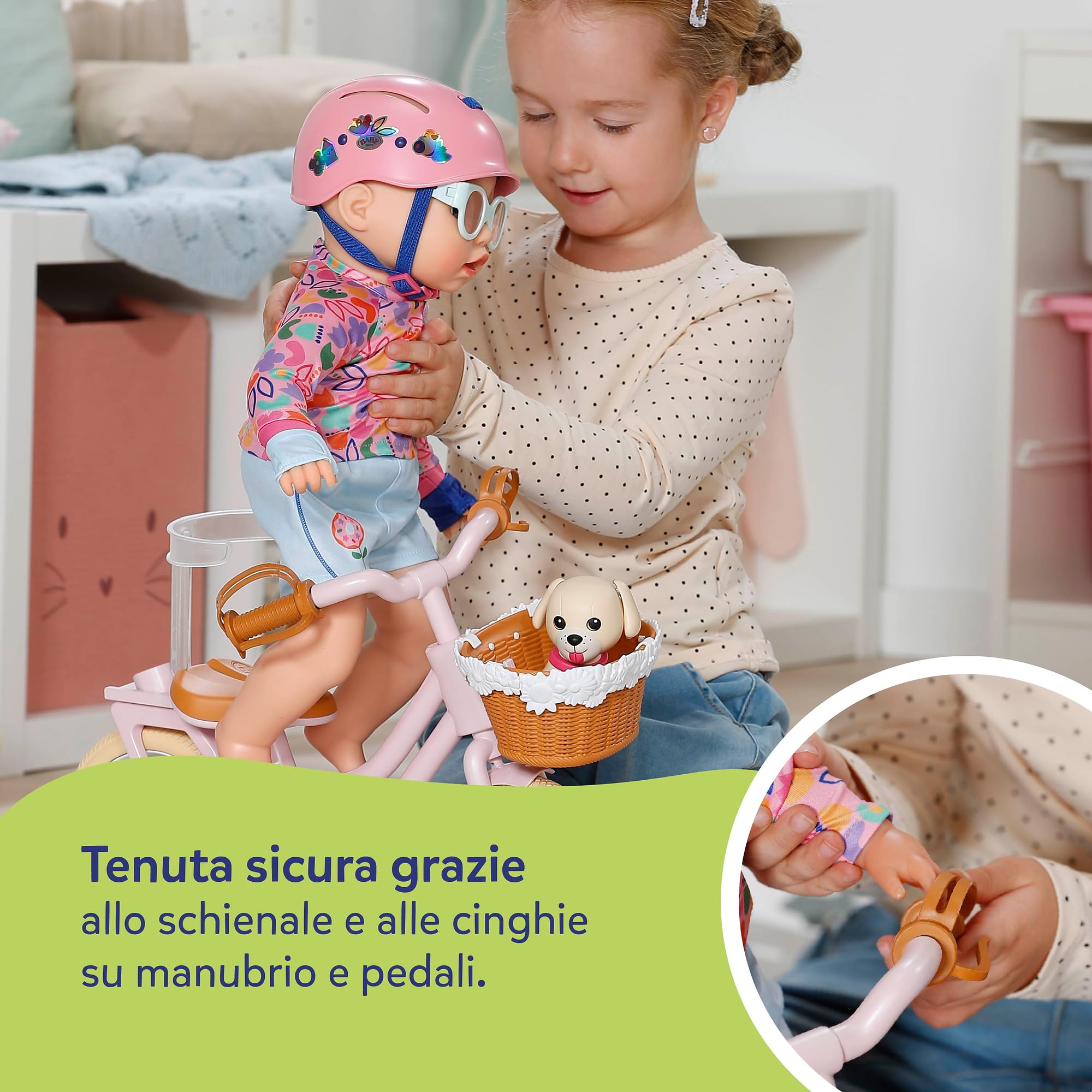 BABY born Bicicletta con Lucky, bicicletta per bambole con cestino, manubrio e adesivi