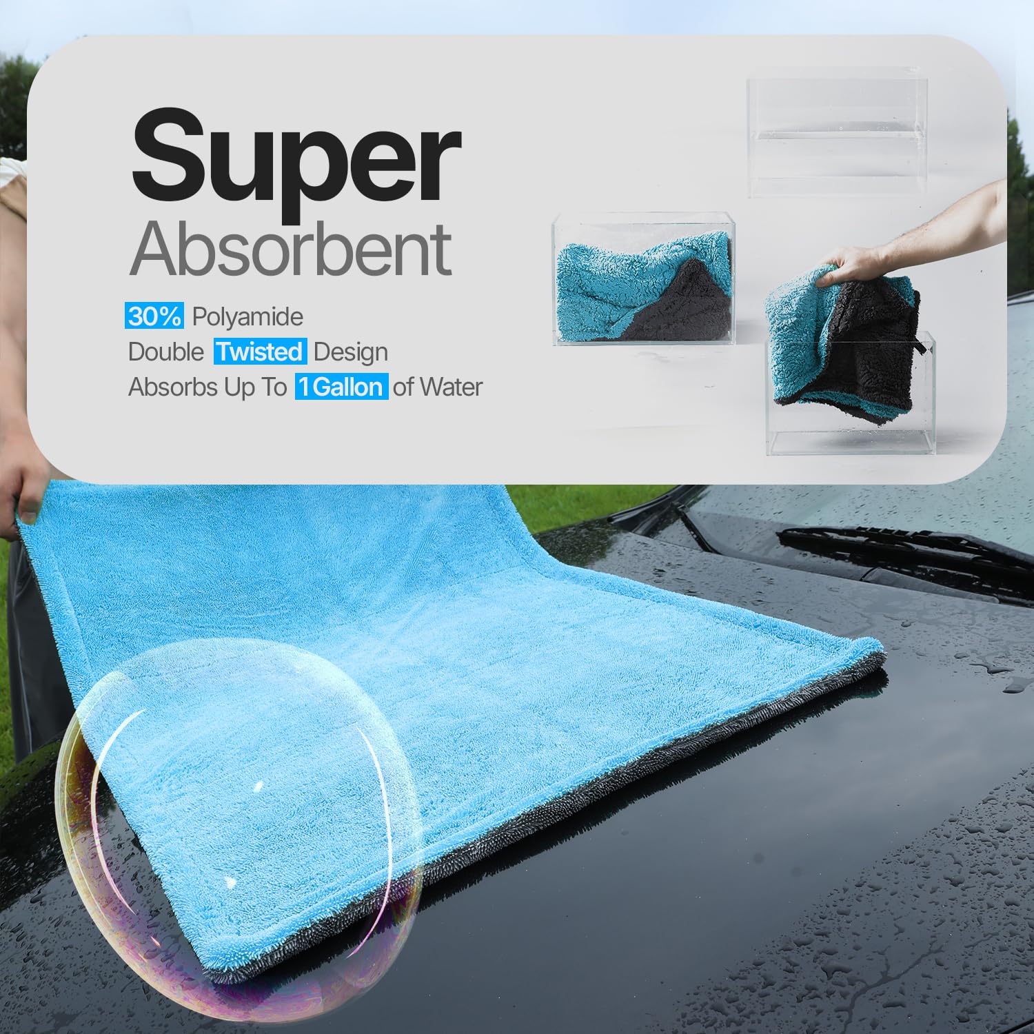 Toallas de microfibra para coches, 1300 g/m², tamaño grande, doble bucle trenzado, 2 piezas, mezcla 70/30, secado rápido, alta absorción, sin bordes, sin rayas, toalla de secado de coche para detalles