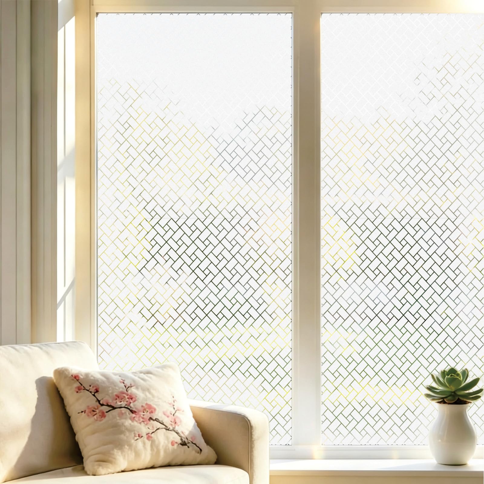 Window Privacy Film 65 x 460 cm Non-Adhesive Static Cling Removable Vinyl Heat Cotrol, Privacy Protection, Anti UV Non Adhesive Window Film for Home Office, Oblique Grid