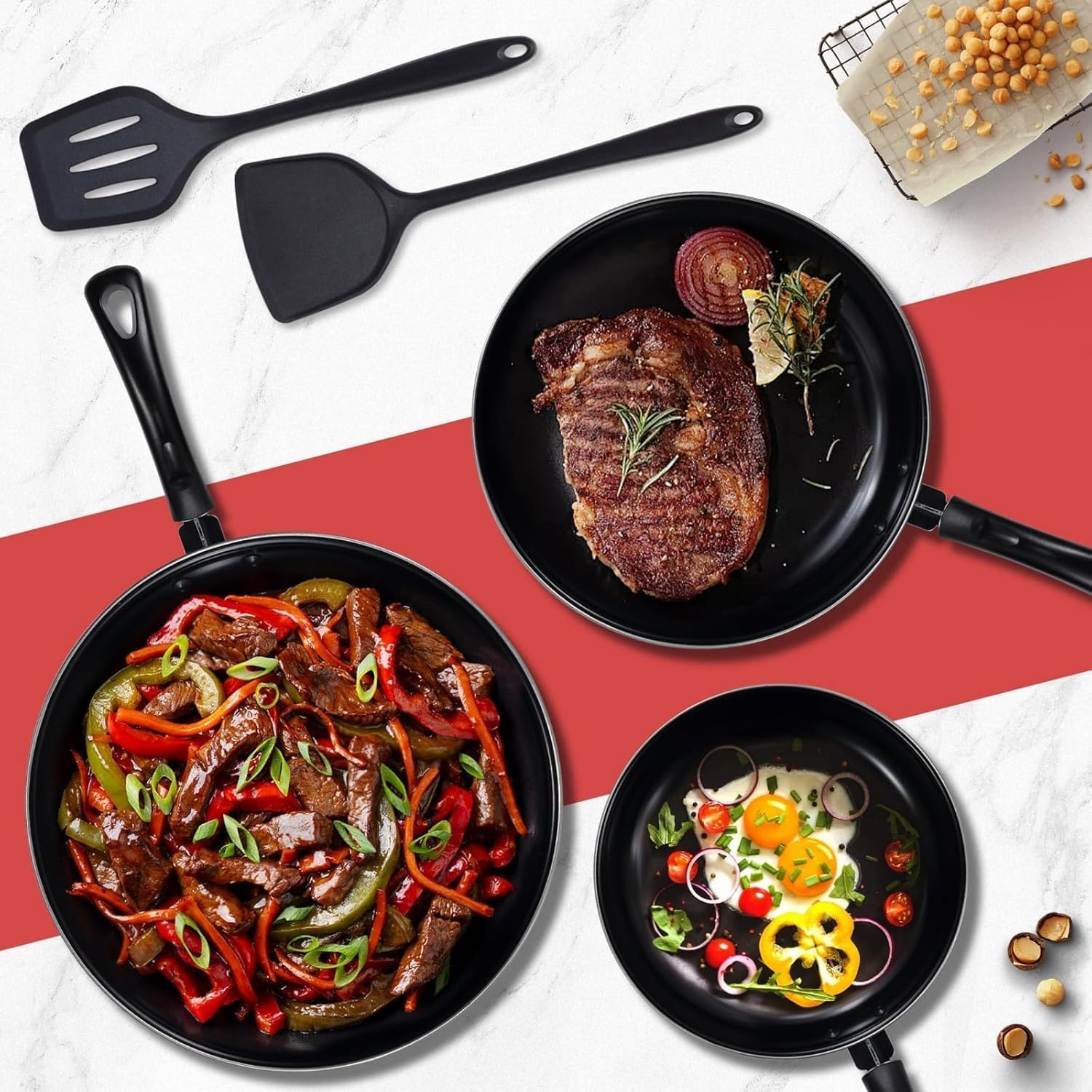 hunnycook Nonstick Frying Pan Set - Iron Frying Pan 3-Piece Set (8", 10", 12") + 2 Silicone Spatulas, With Premium Nonstick Coating, Up to 450°F, Skillet Suitable for Induction, Gas & More