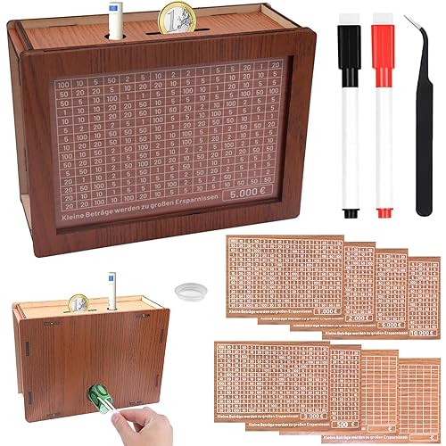 10000€ Spardose aus Holz, Wiederverwendbare Spardose, Retro Sparbüchse Aufbewahrungsbox Einschließlich