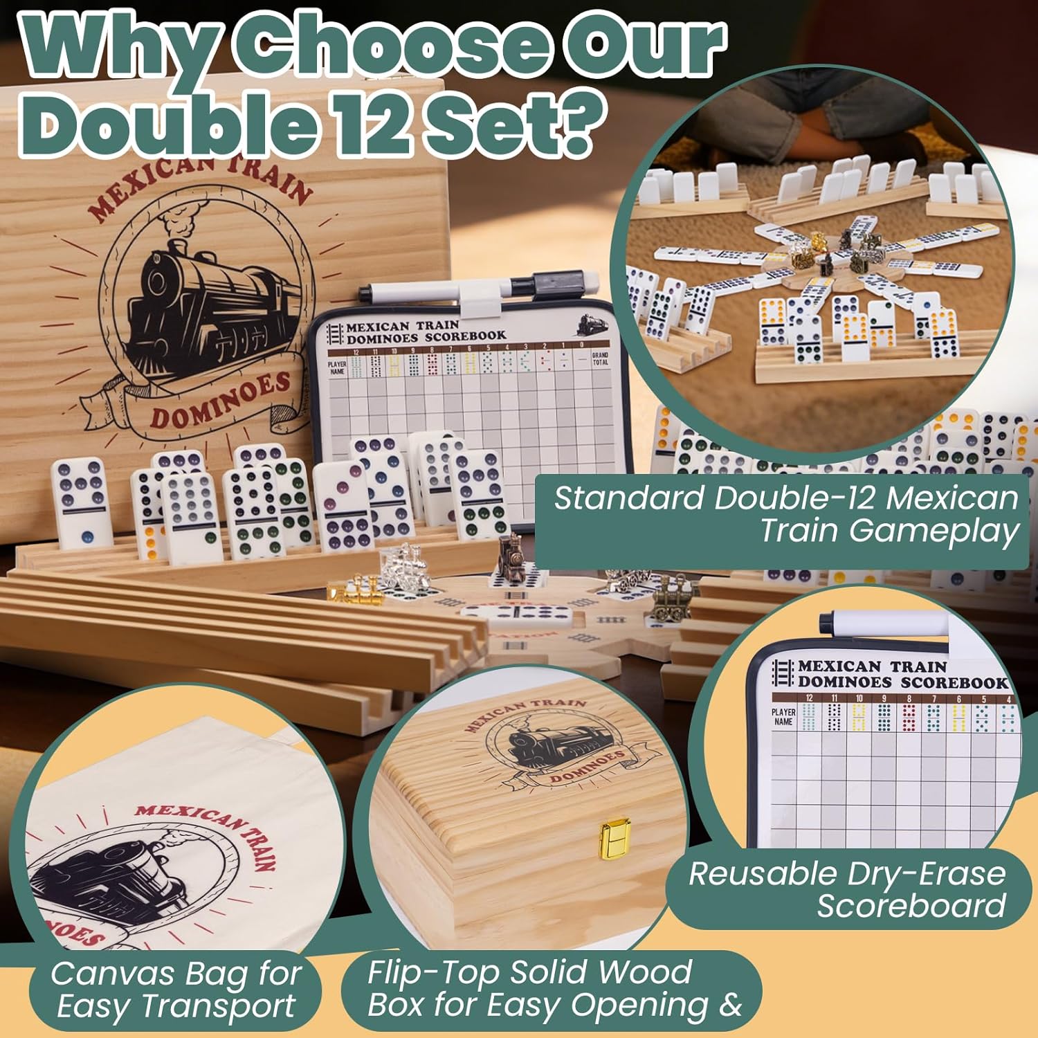 Extguds Double 12 Mexican Train Dominoes Set for Adults, Wooden Mexican Train Dominos with Solid Wood Storage Box, 91 Tiles, Hub, 8 Wooden Racks, Metal Train Markers, Scoreboard & Canvas Bag