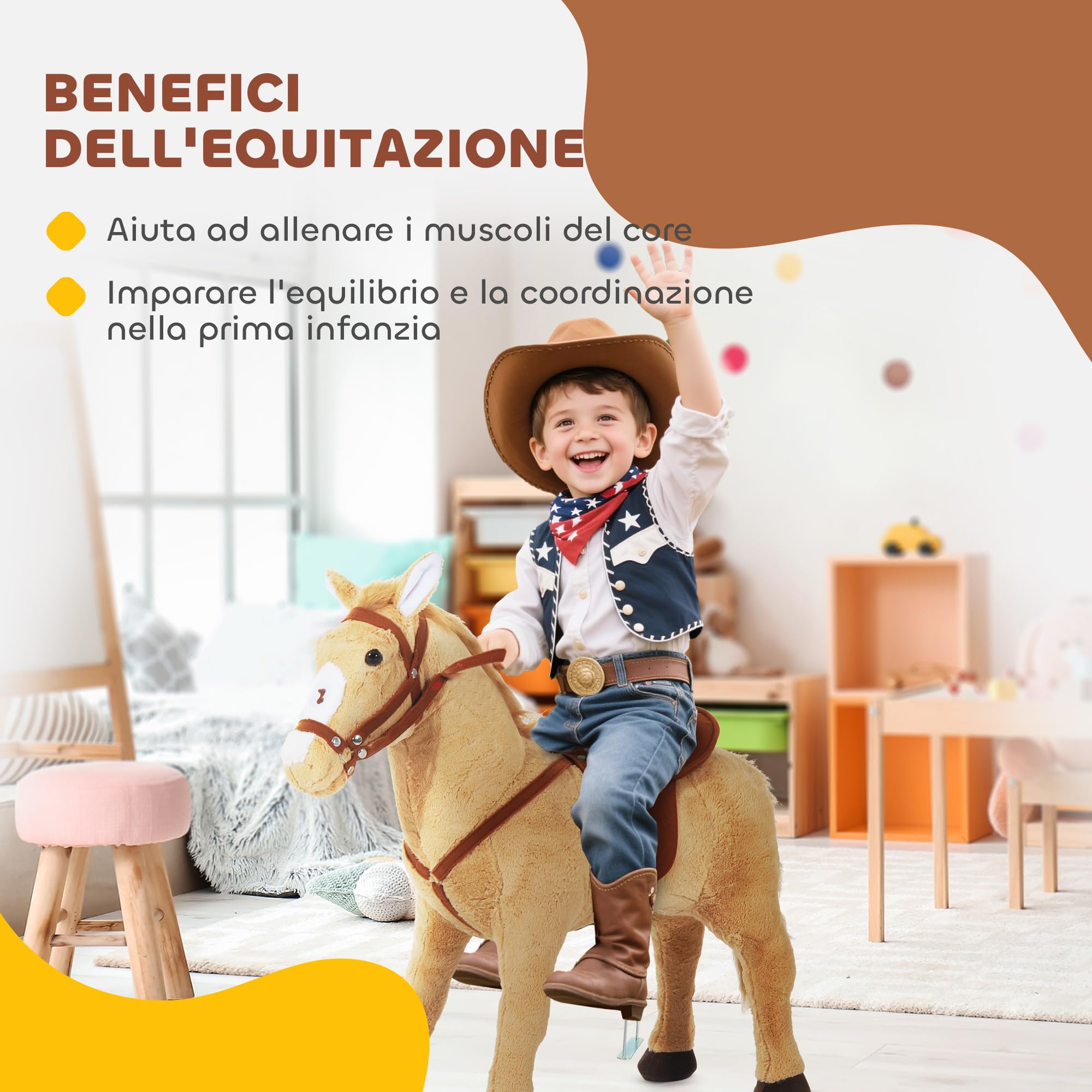 HOMCOM Cavallo Giocattolo con Sella, Briglie e Poggiapiedi, Cavallo Cavalcabile in Peluche, Metallo e Cotone PP, 85x28x60 cm, Beige