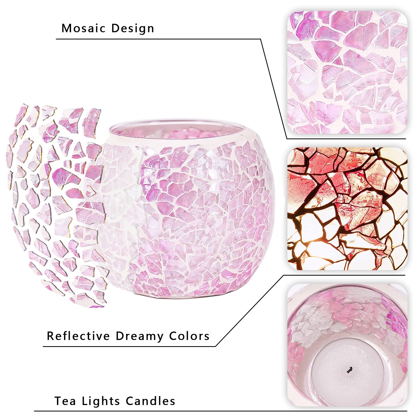 Larcenciel Porta Candele Rosa, Mosaico Portacandele in Vetro per La Decorazione Della Tavola e Della Casa, Piantana per Tea Light Fatta a Mano, Lanterne per Matrimoni, Feste, Compleanni, Natale