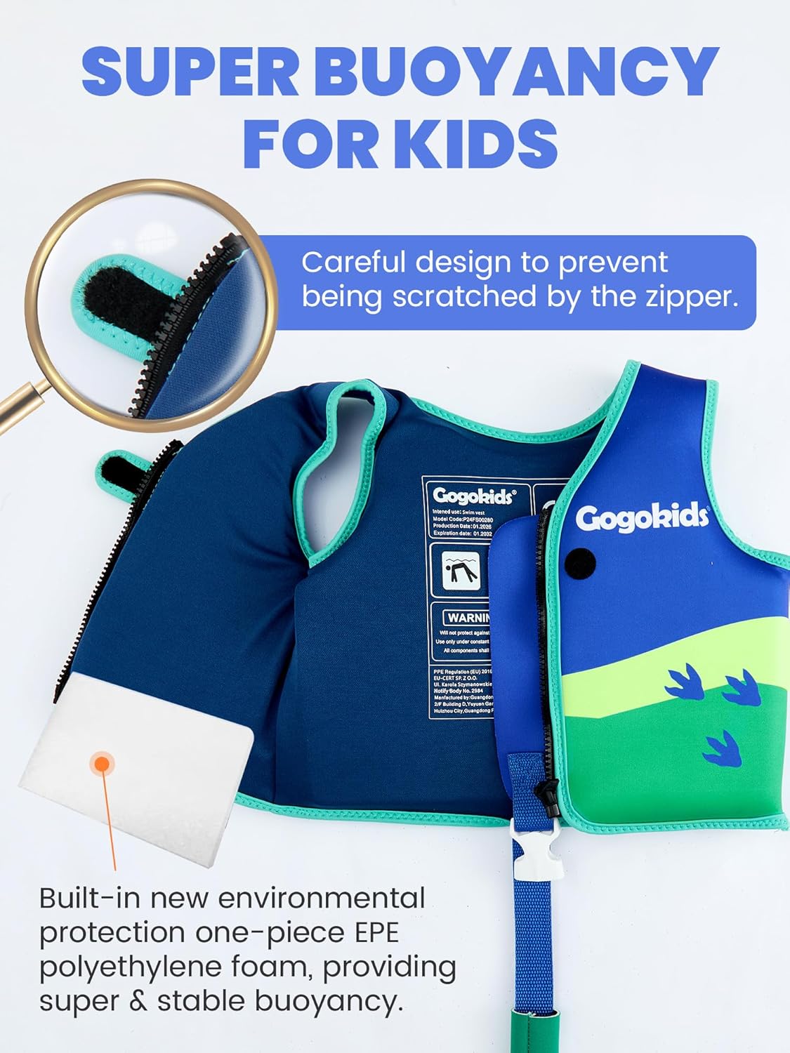 Gogokids Toddler Swim Vest Pool Floaties for Kids 1-2-3-5-7-9 Yrs, Neoprene Kids Swimming Jacket w/Adjustable Safety Strap & Zip, Toddler Float Jacket 24-66lbs for Beach Puddle Pool Boys Girls Niños