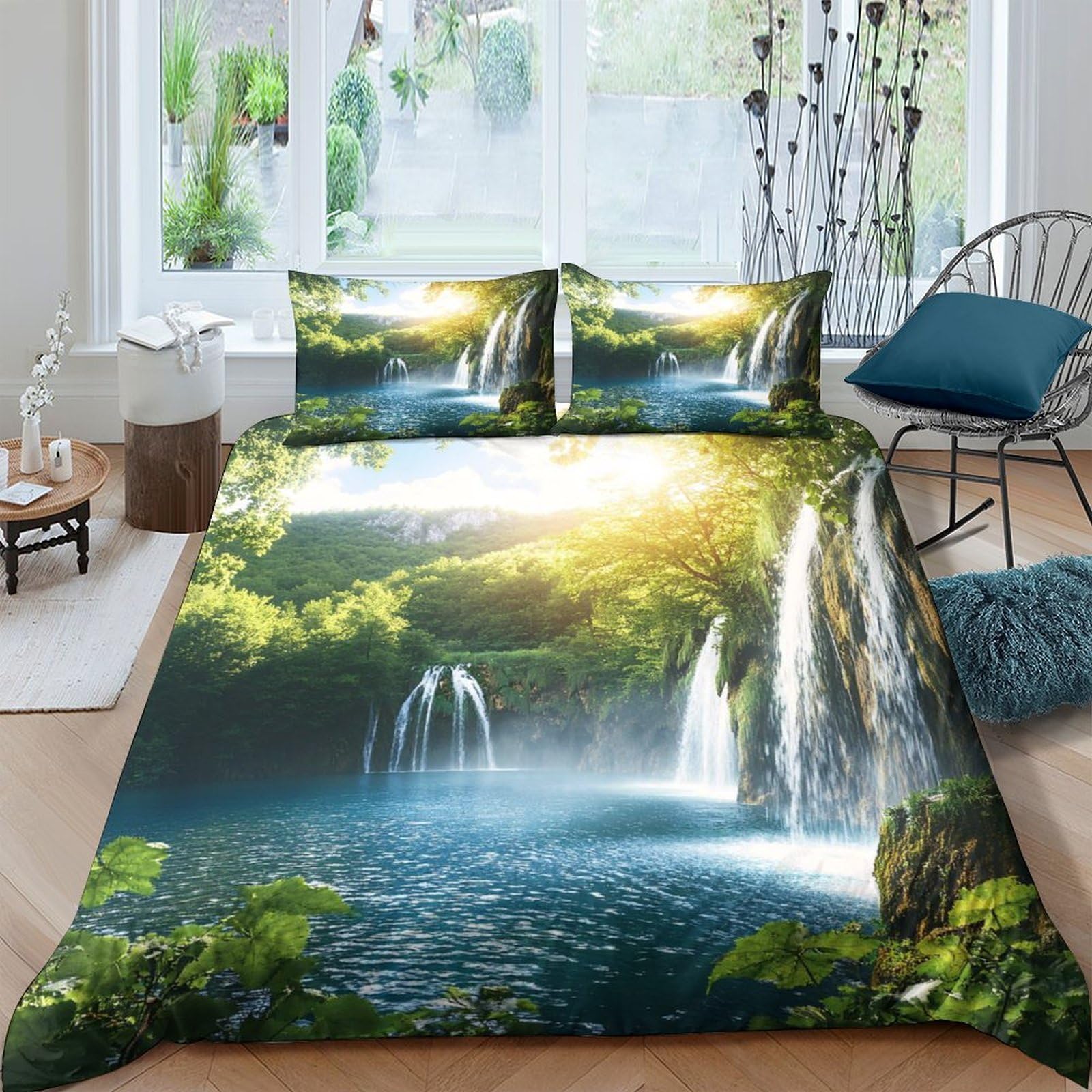 Ctjqhvkz Style-9 3D Printed Waterfall Forest Fitted Sheet Microfiber Soft Anti-Slip Scenic Sunrise Bed Cover For Bedroom Guest Room Single（135X200cm）