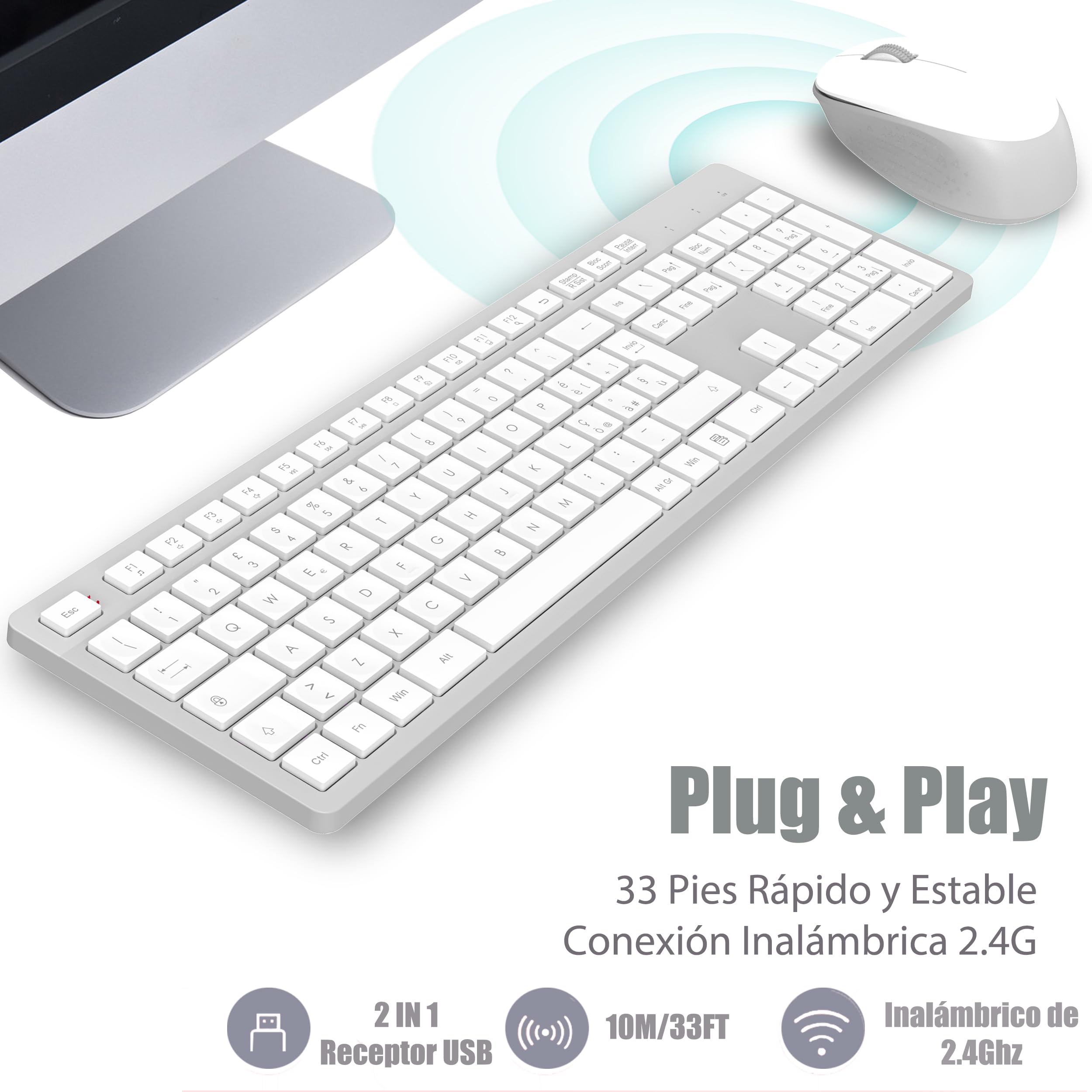 LeadsaiL Kit Tastiera e Mouse Wireless con Tastierino Numerico, Layout Italiano QWERTY, 2,4 GHz USB, Silenzioso, Compatibile con PC, Desktop, Laptop, Computer per Windows, HP, Lenovo, Bianco e Grigio