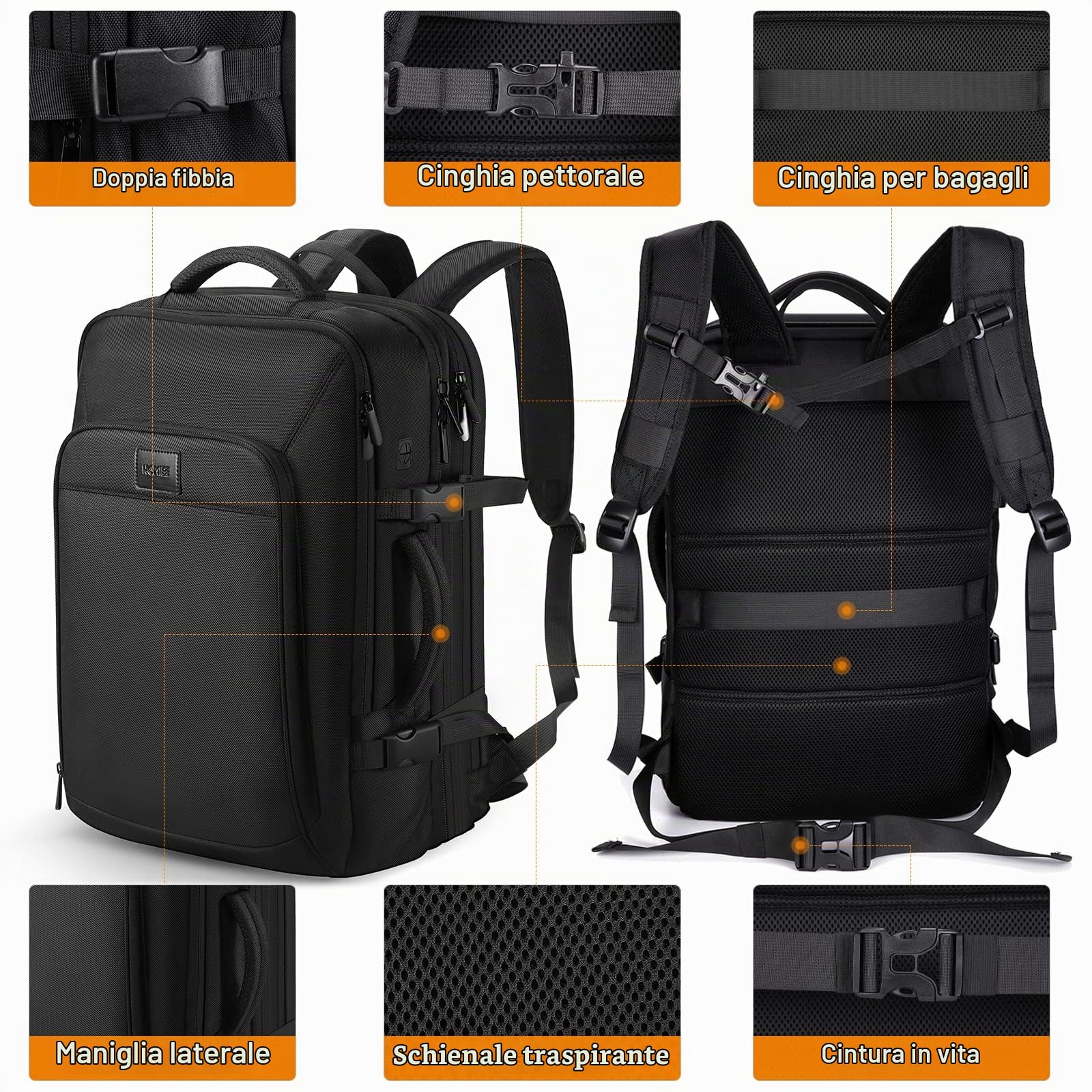 HOMIEE Zaino Viaggio Uomo 50L Zaino Aereo Valigia Bagaglio a Mano Borse Cabina Zaini Port PC 18 Pollici Espandibile Impermeabile Zainetto per Laptop Università Lavoro d'affari (Nero)