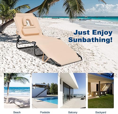 Miniatura 8 de Goplus Silla bronceadora, silla de playa plegable con orificio para la cara, almohada extraíble, capacidad de 350 libras, correa de transporte,