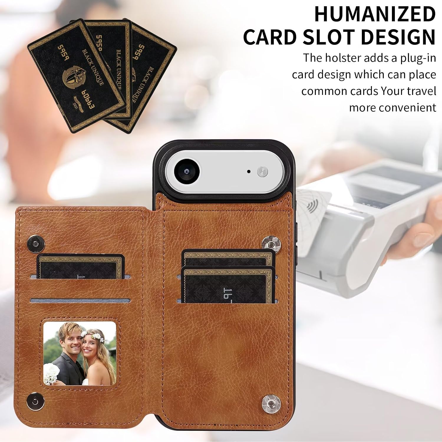 for iPhone 17 Air Wallet Case with Card Holder, Finger Ring Holder Kickstand PU Leather Magnetic Clousure Shockproof Phone Case Cover for Women and Men Brown