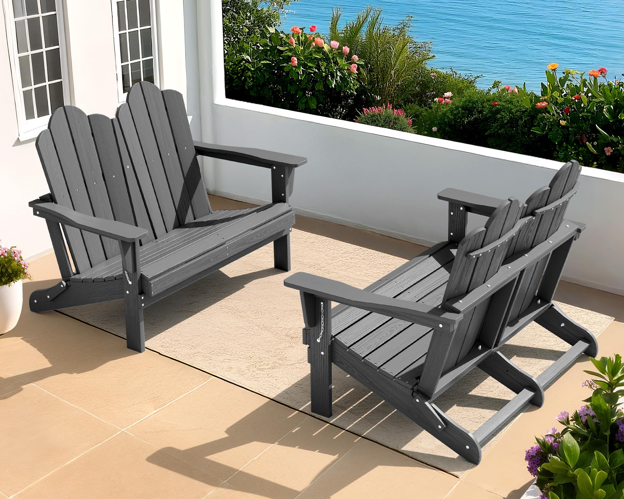 SERWALL HDPE All-Weather Folding Adirondack Bench Set of 2, Grey