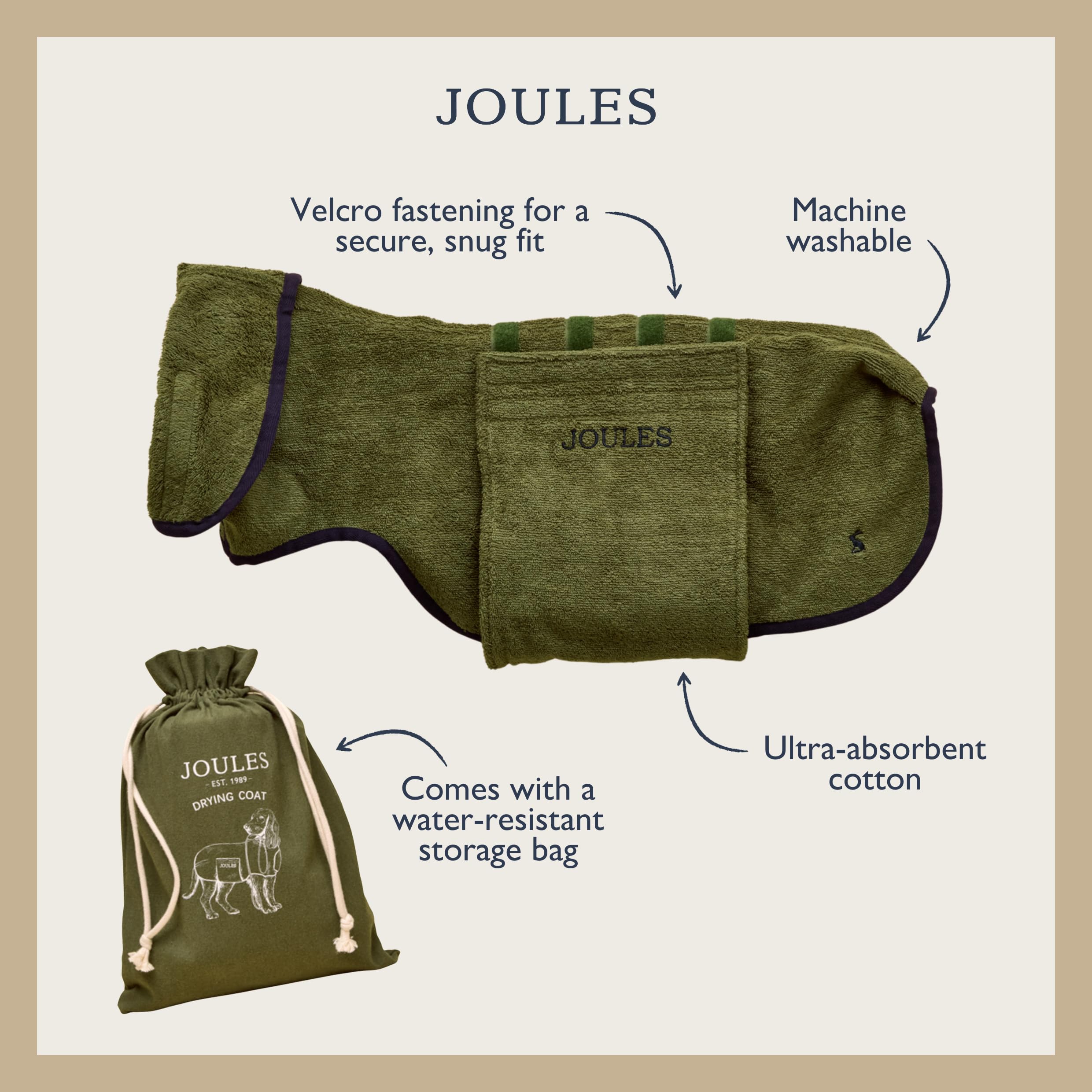 Rosewood x Joules Khaki Trockenmantel für Hunde, Medium - saugfähiger Handtuchmantel für nasse Hunde mit Aufbewahrungstasche, schnell trocknend, weich, Leichter Haustier-Bademantel