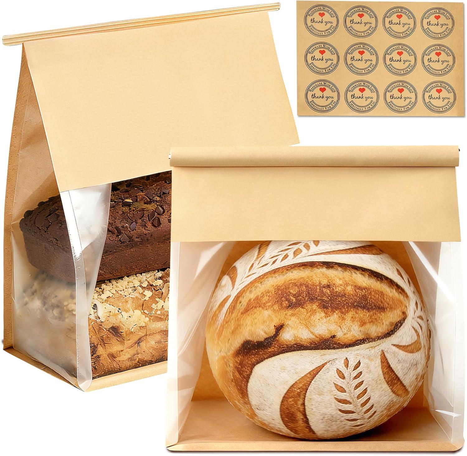 100 Pack Extra Large Paper Bread Bags for Homemade Bread Sourdough Bags, 12.2x10.6x6.1 Inches Resealable Tin Tie Tab Lock Bakery Loaf Bag with Window, Baked Goods Packaging for Gifting and Bake Sale