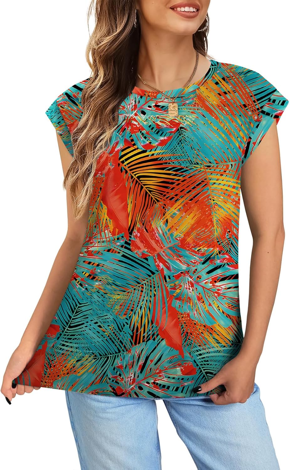 NORACORA Womens Summer Tops Short Sleeve Floral Shirts Dressy Casual Cap Sleeve Crew Neck Cute Tunic Blouses Fashion Clothes - Image 5