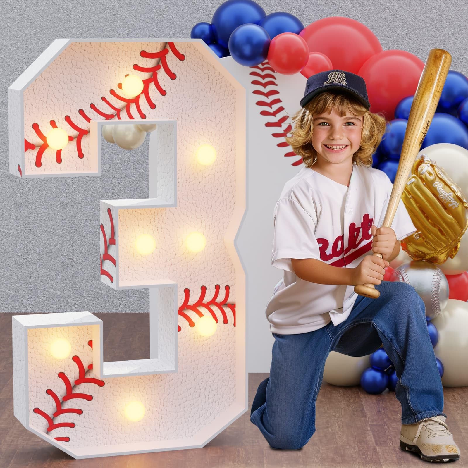 Imprsv Baseball Birthday Decorations, 3ft Marquee Numbers 3 Party Decor