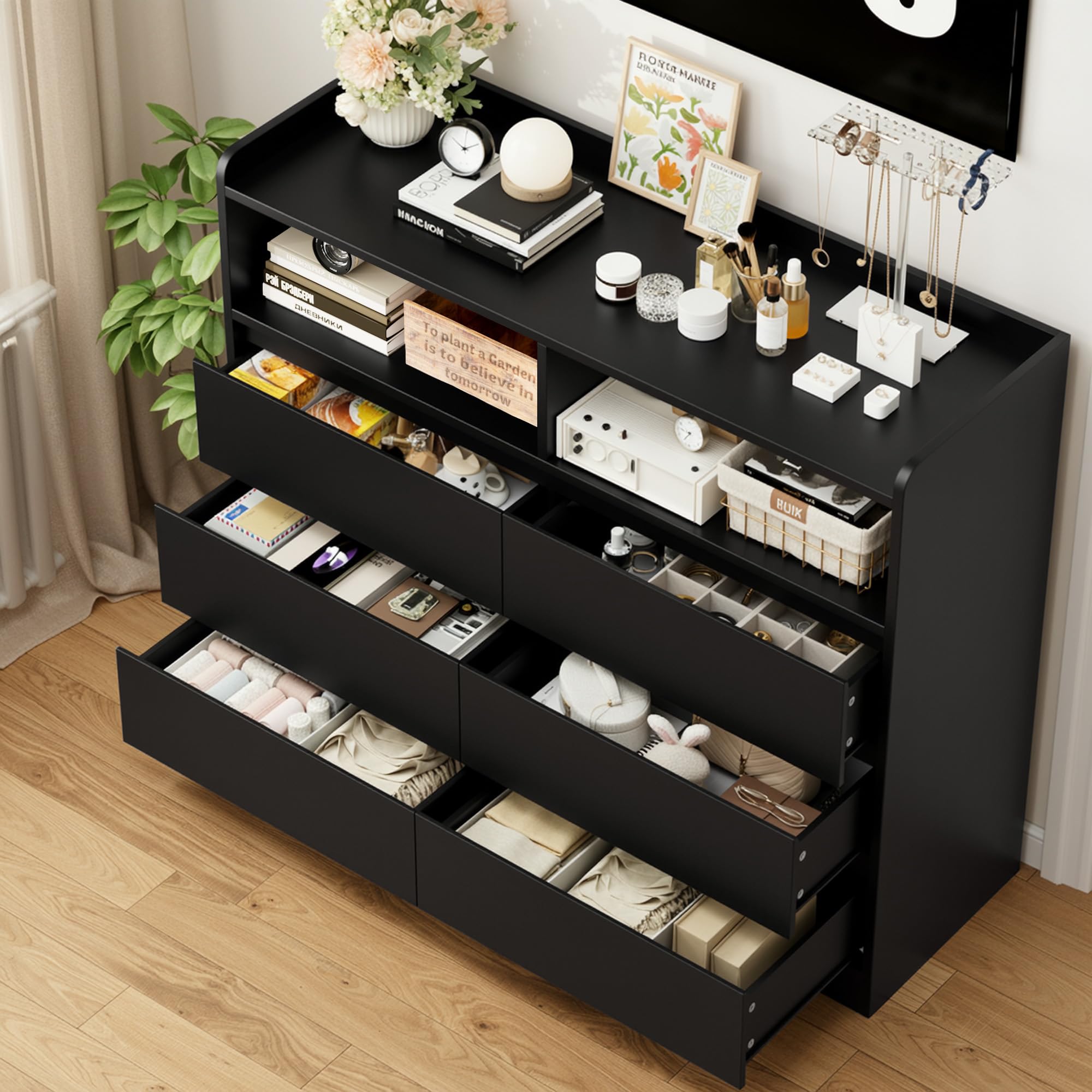 FOREHILL Cassettiera Camera da letto, Cassettiera con 6 Cassetti, Comò con 2 Scomparti Aperti Moderno, per Camera da Letto, Corridoio, Soggiorno, Ufficio, 120x40x100cm (Nero)