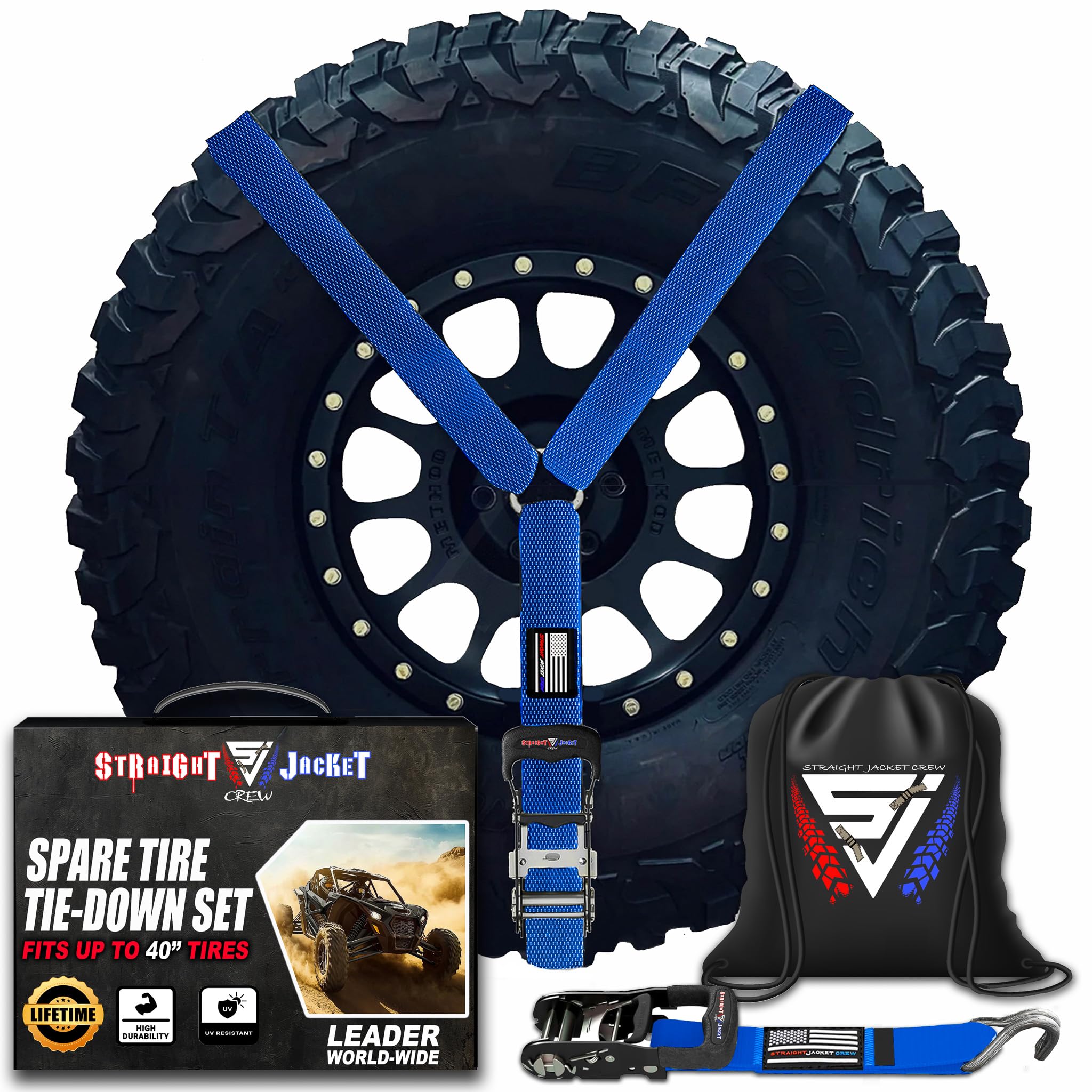 Y Strap for Spare Tire - Heavy Duty Spare Tire Strap for UTV, Offroad Accessories & Roof Rack, 3 Way Ratchet Strap Tie Down- 1.6" Wide, Can Secure Up to 40" Tire by Straight Jacket Crew (Blue)