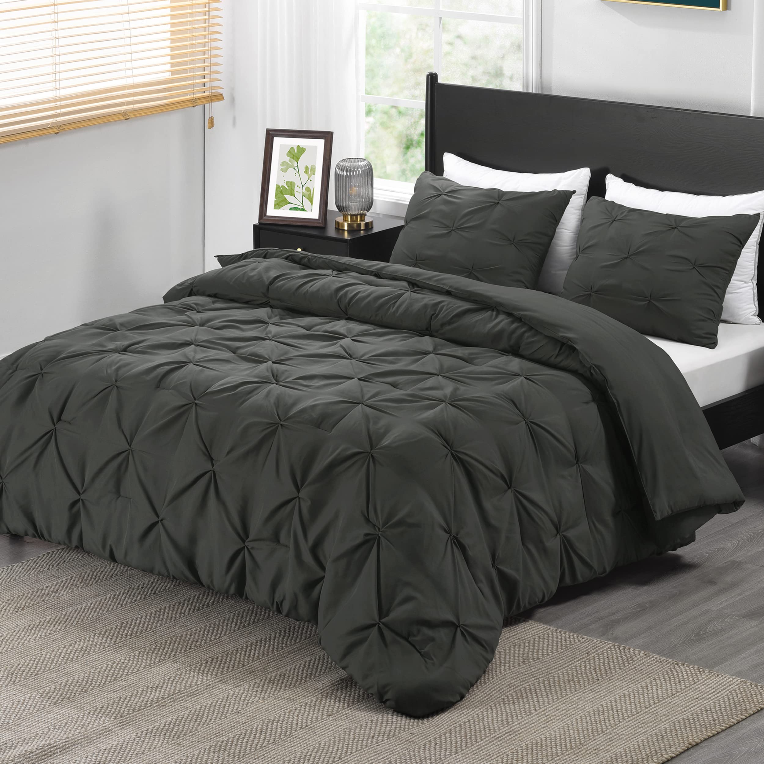 downluxe Pintuck Queen Comforter Set with 2 Pillow Shams - 3-Piece - Dark Grey Queen Bed Comforter Set for All Seasons, Pinch Pleat Microfiber Down Alternative Bedding Comforter Sets