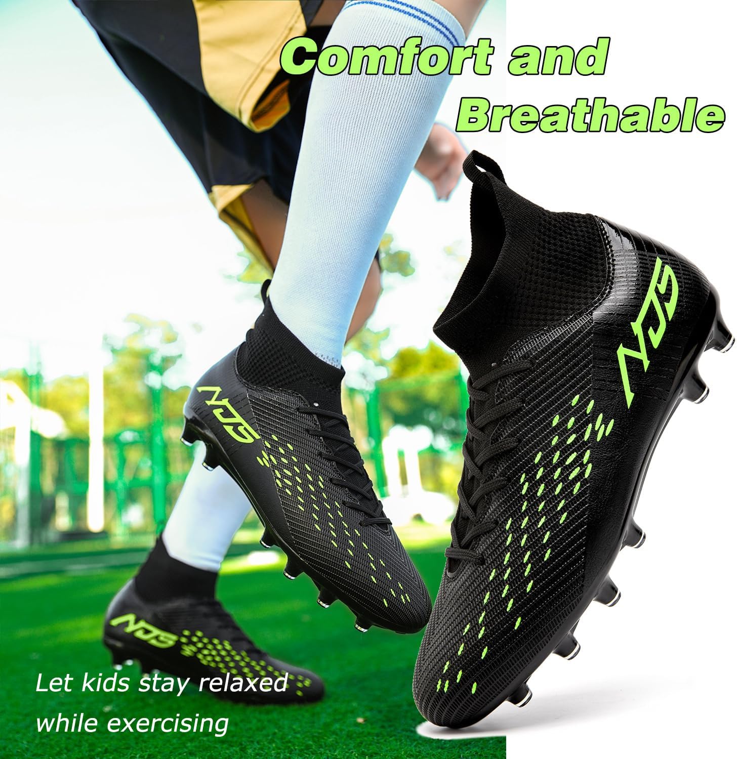 Kids Soccer Cleats Boys Girls High-Top Training Firm Ground Soccer Shoes Professional Athletic Sneakers Youth Outdoor Futsal Football for Little/Big Kid